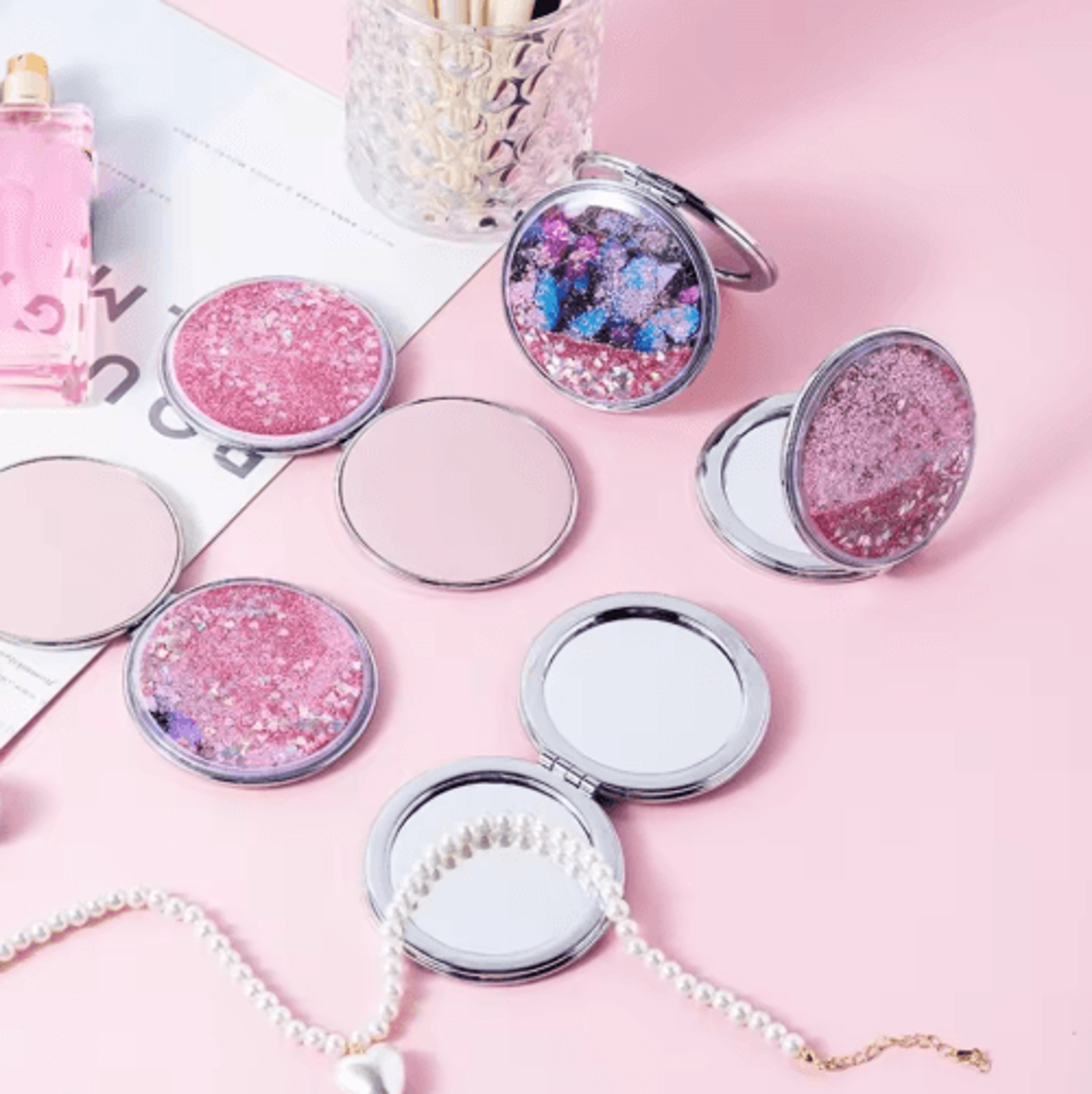 cute quicksand makeup mirror – double-sided round cartoon beauty mirror