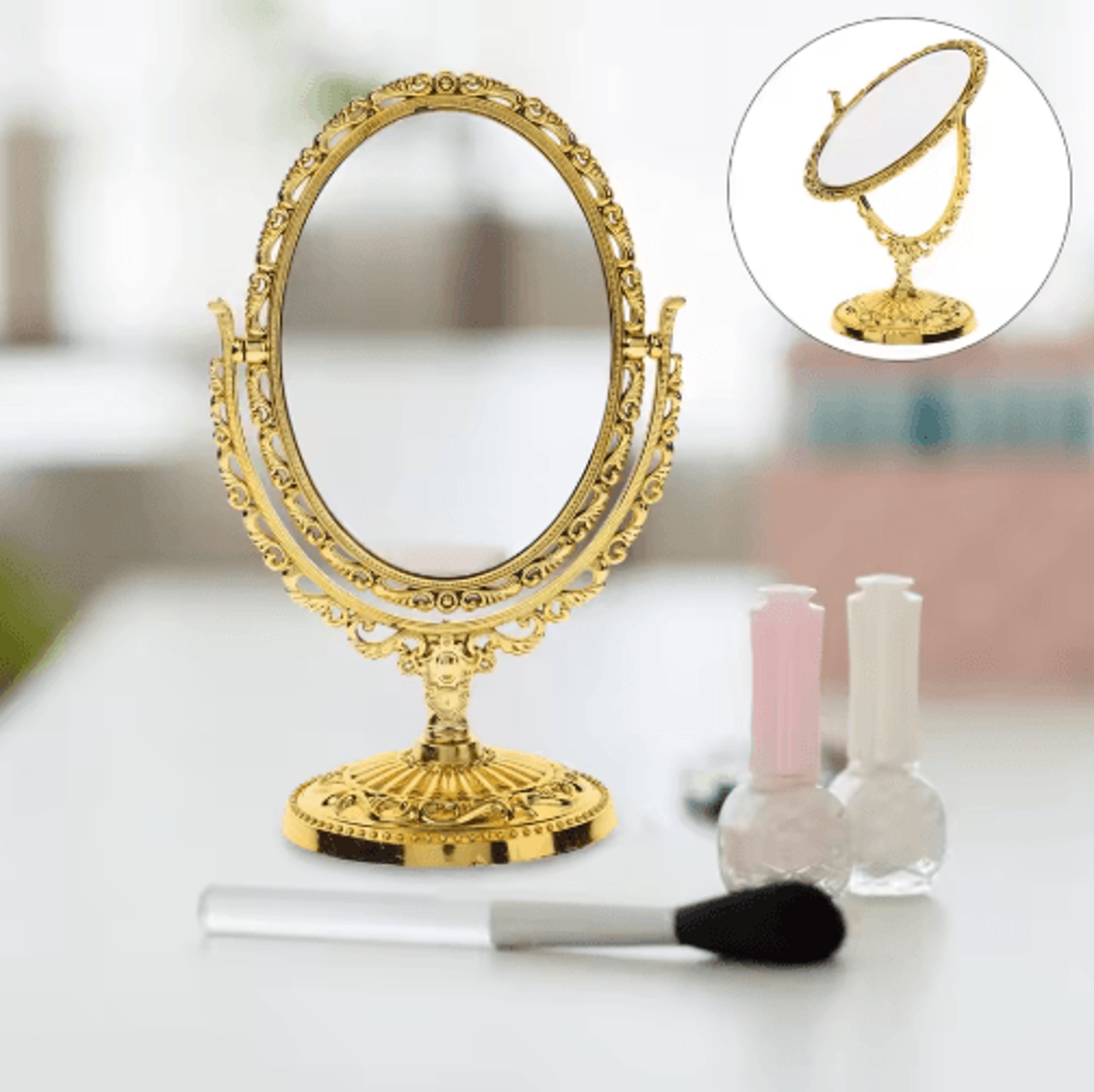 Vintage Rotating Oval Vanity Mirror  DoubleSided Golden Desktop Makeup Mirror 1