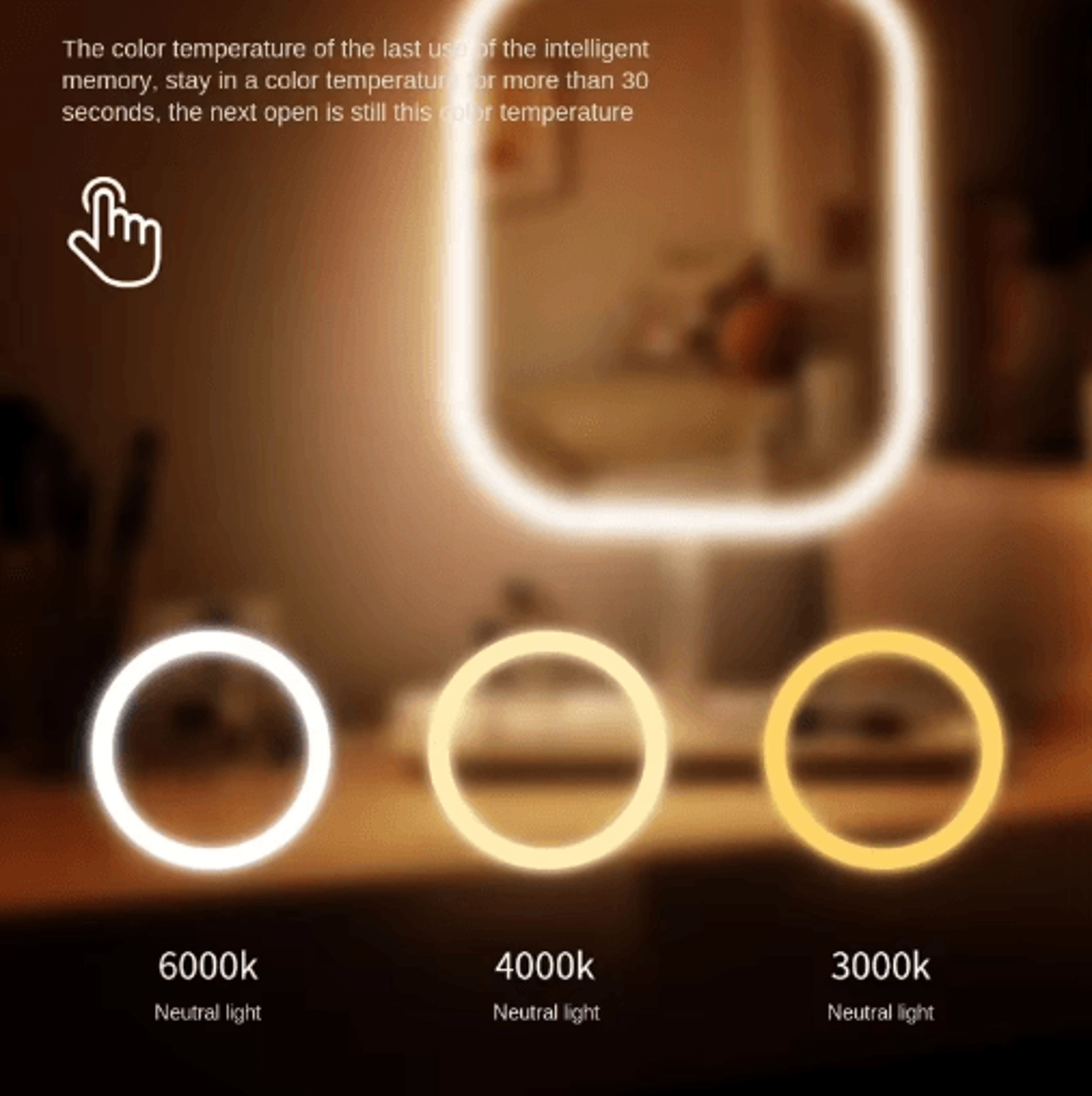 Designer LED Vanity Mirror  3Color Touch Control Desktop Makeup Mirror 3