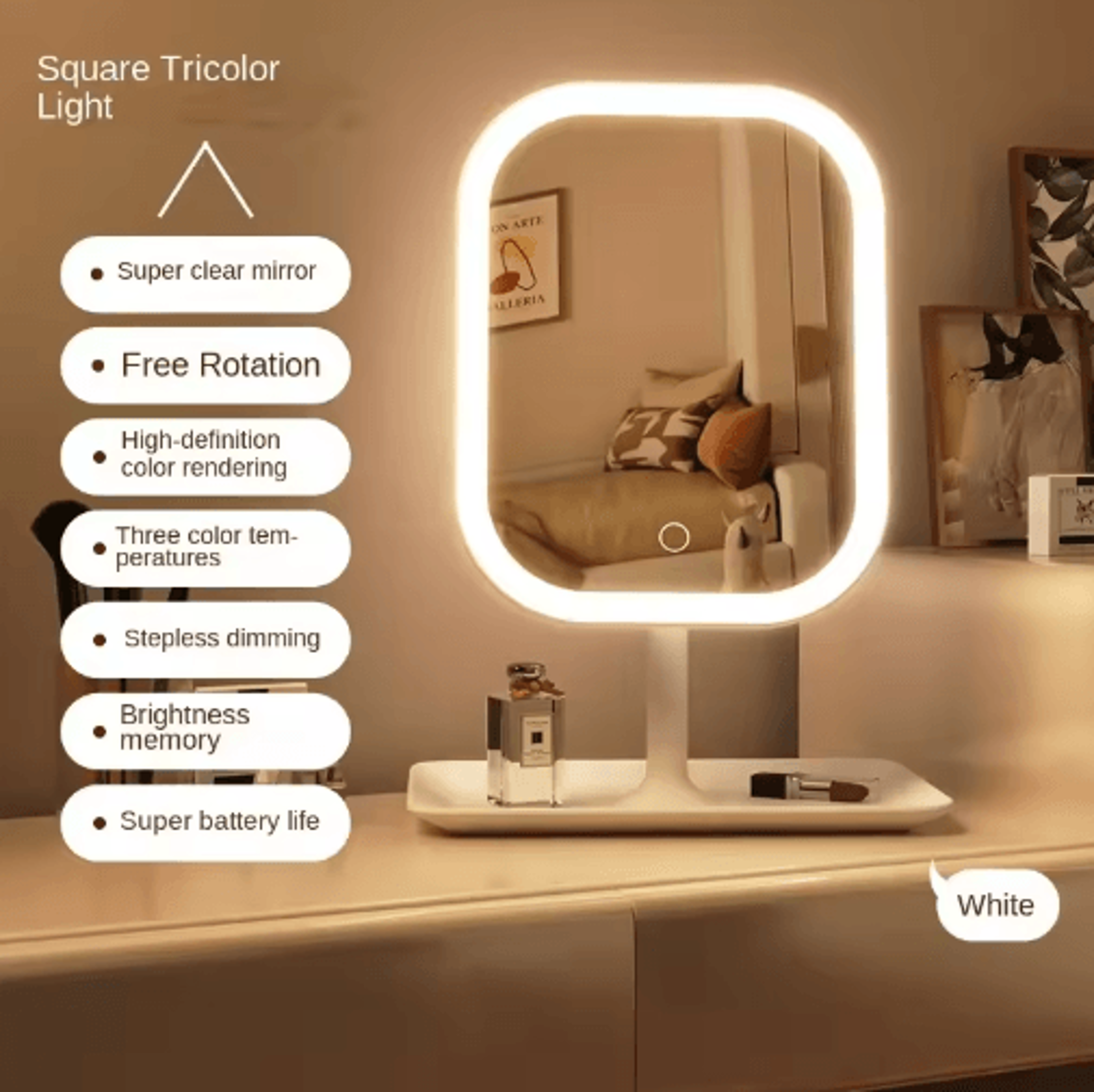 Designer LED Vanity Mirror  3Color Touch Control Desktop Makeup Mirror 2