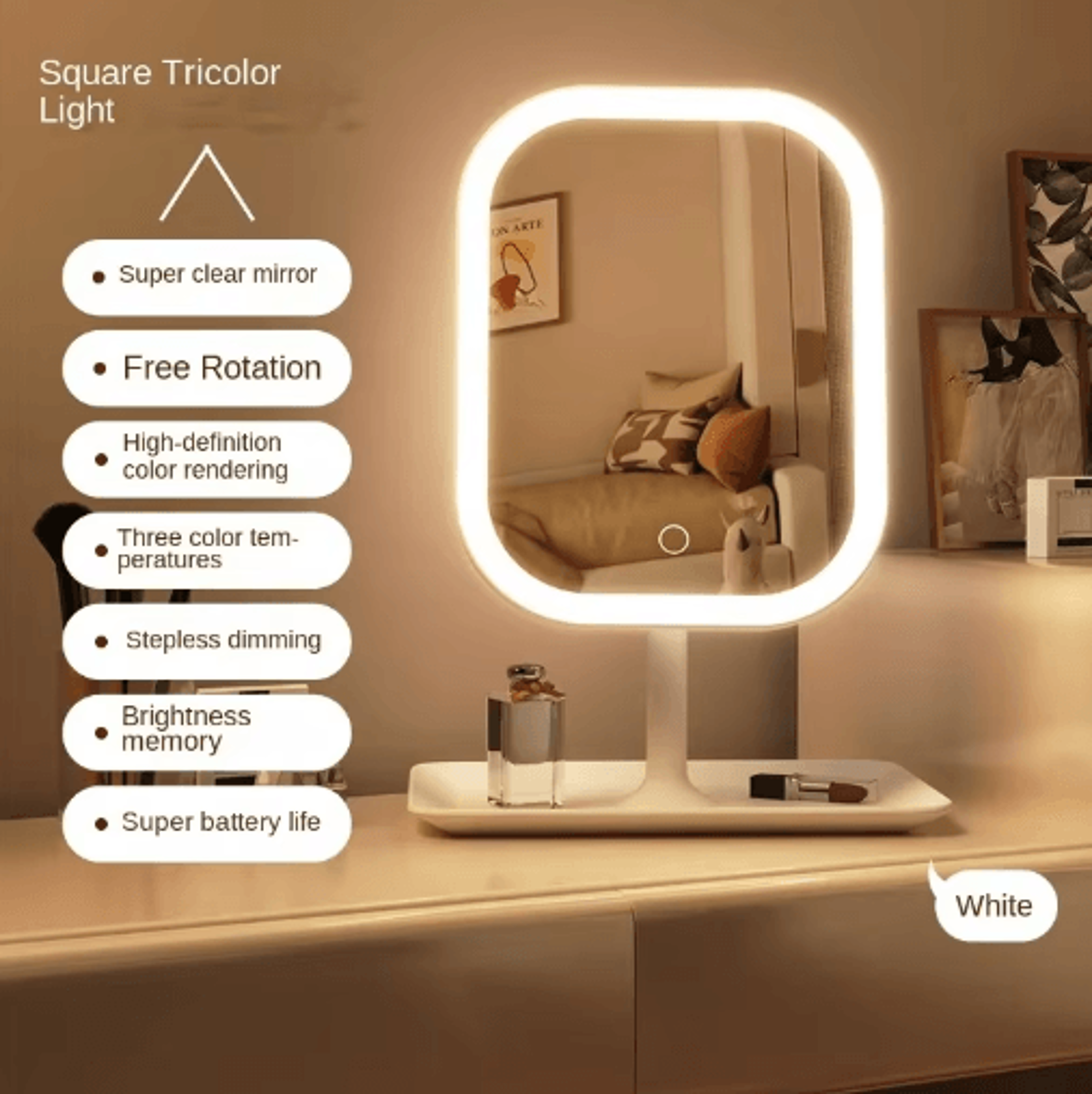 Designer LED Vanity Mirror  3Color Touch Control Desktop Makeup Mirror 4