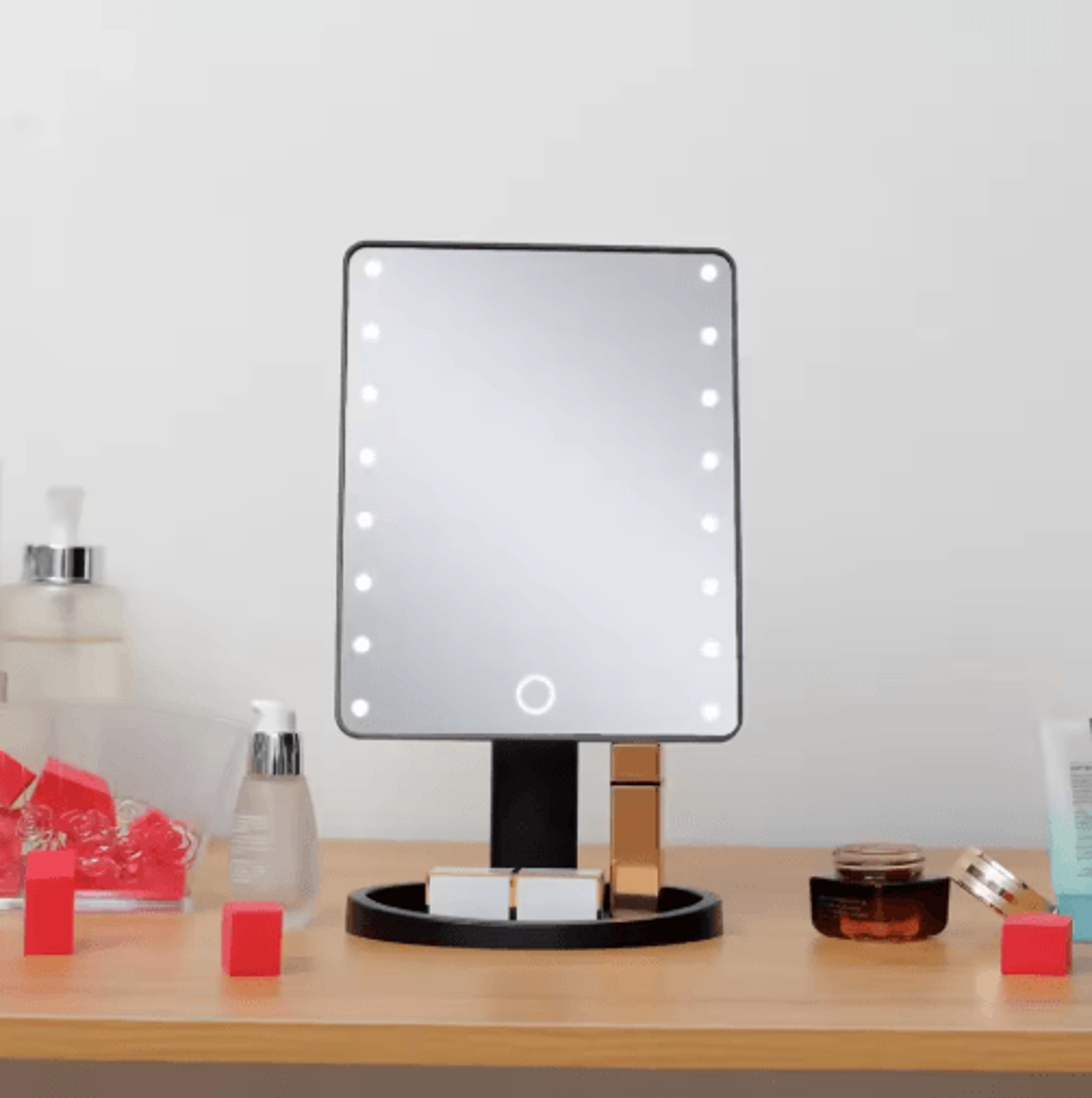 Square LED Vanity Mirror  Adjustable Lighted Makeup Mirror With Organizer Stand 6
