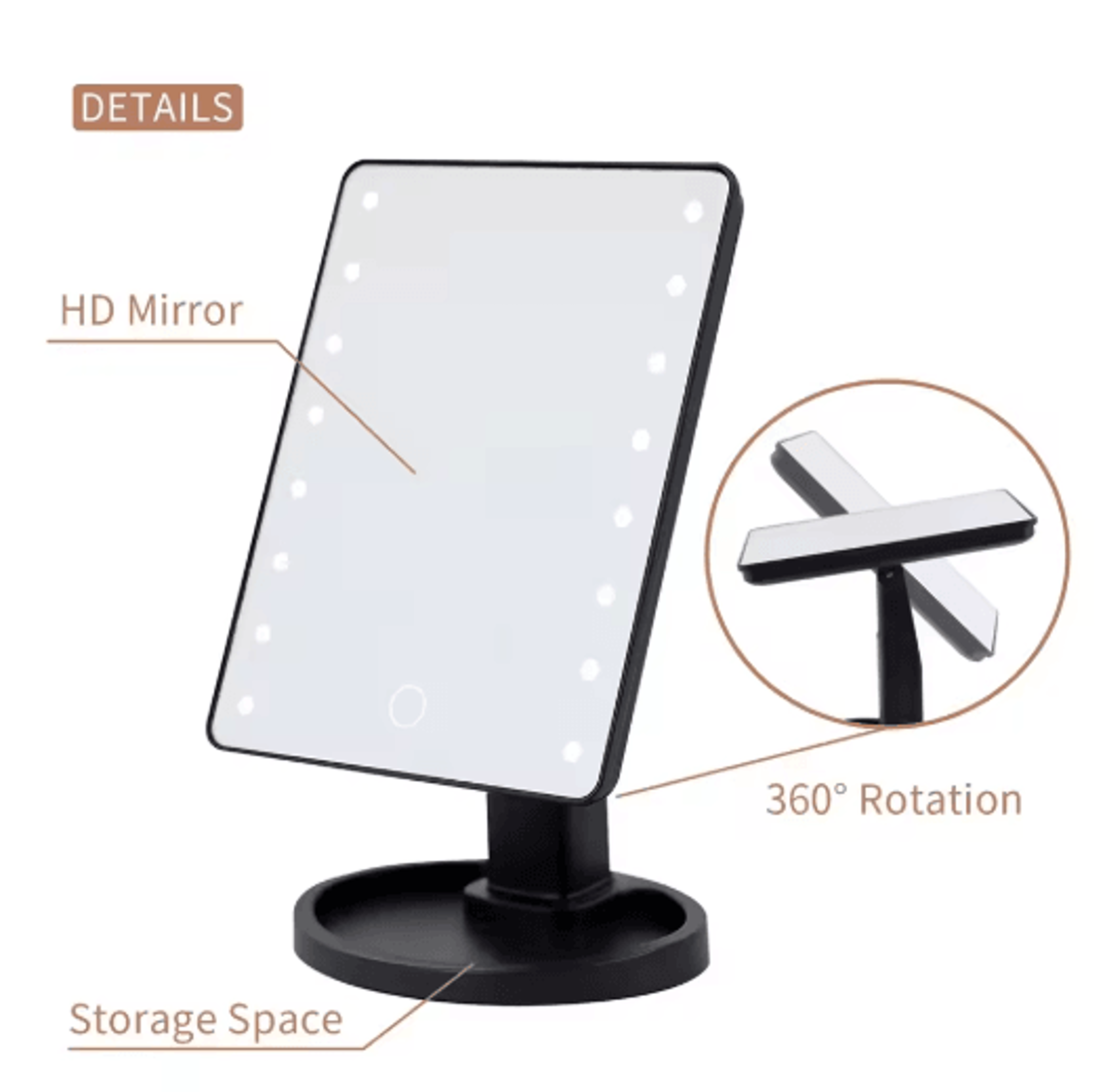 Square LED Vanity Mirror  Adjustable Lighted Makeup Mirror With Organizer Stand 5