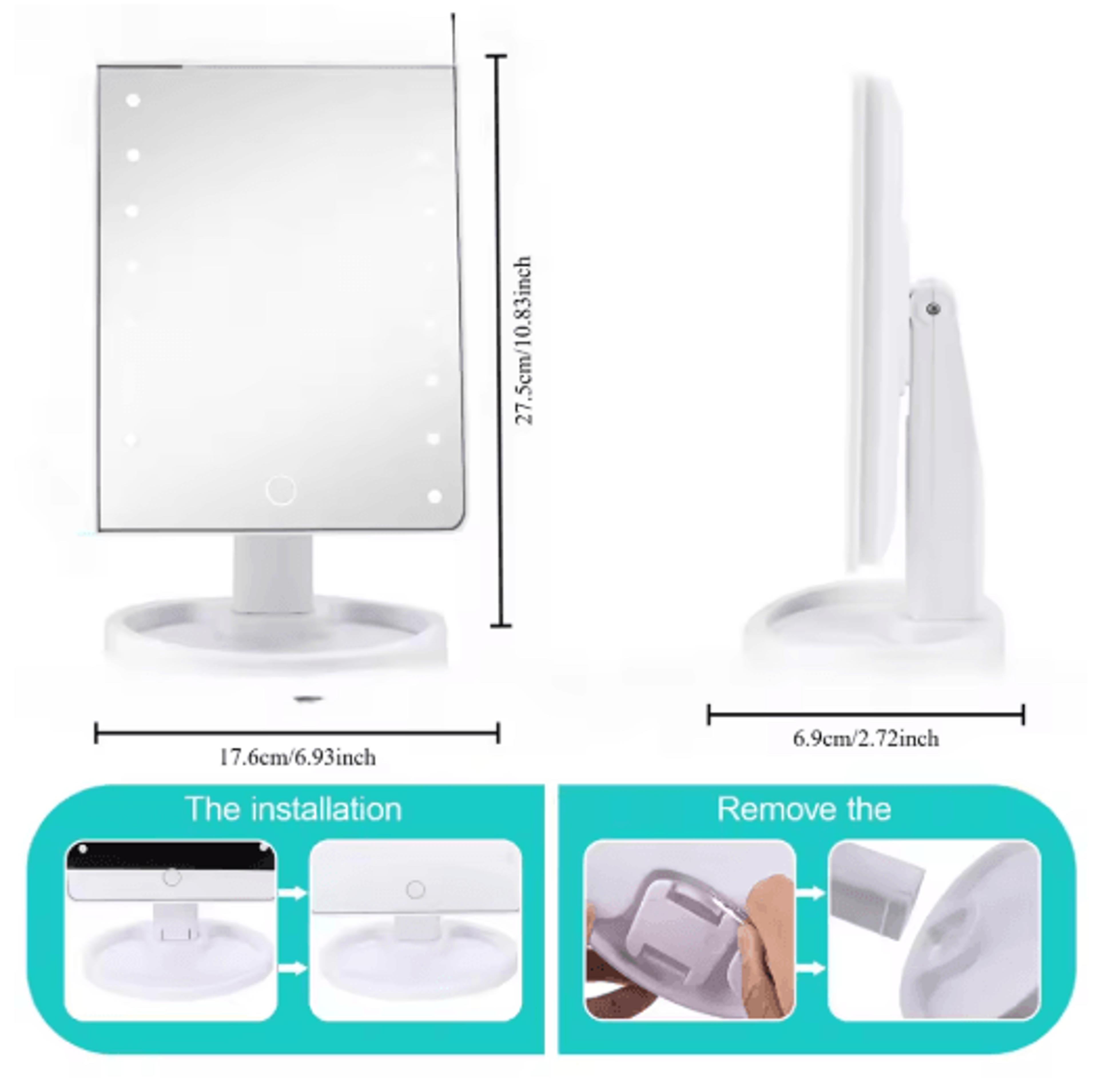 Square LED Vanity Mirror  Adjustable Lighted Makeup Mirror With Organizer Stand 3