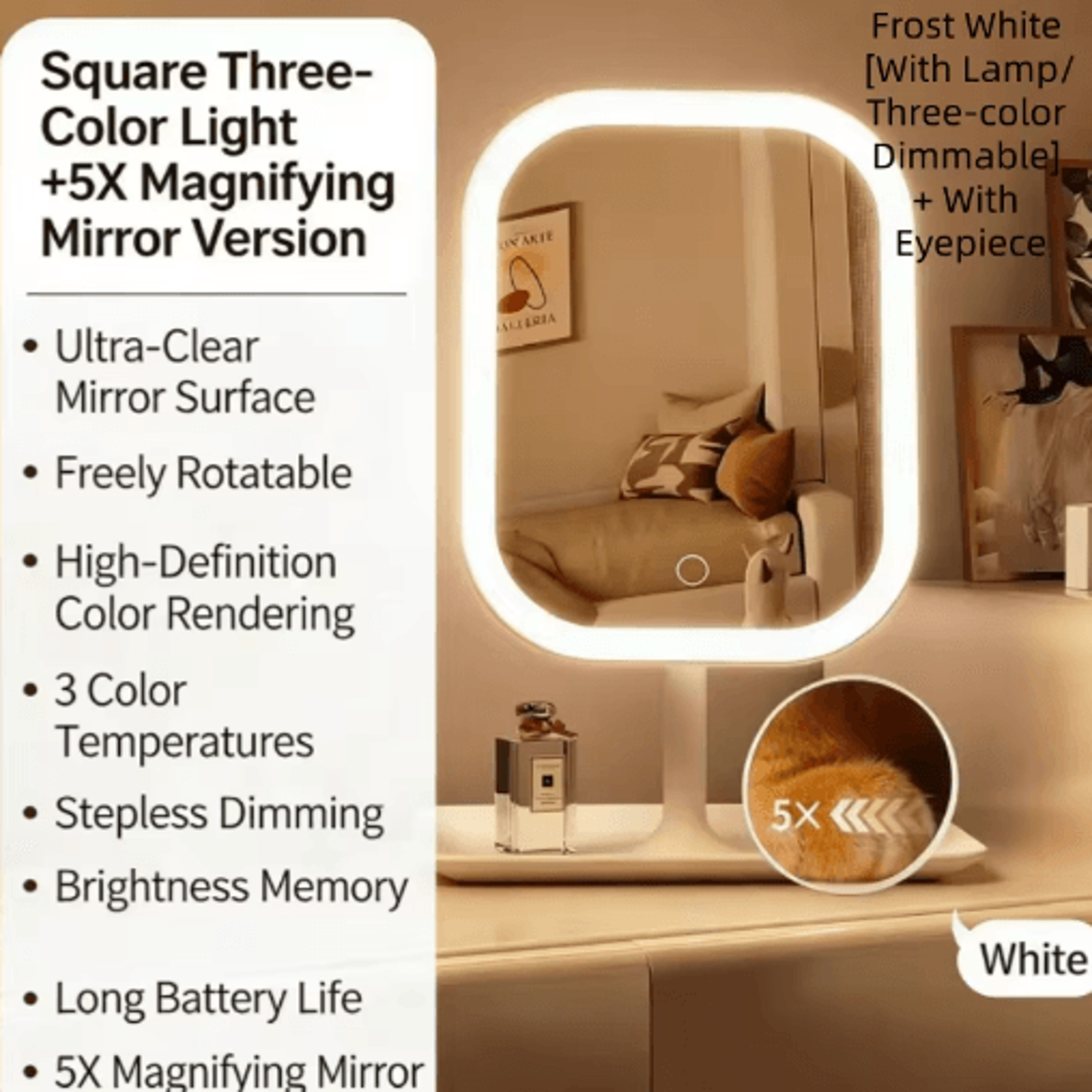 3Color LED Vanity Mirror  Dimmable Touch Control Desktop Makeup Mirror 1