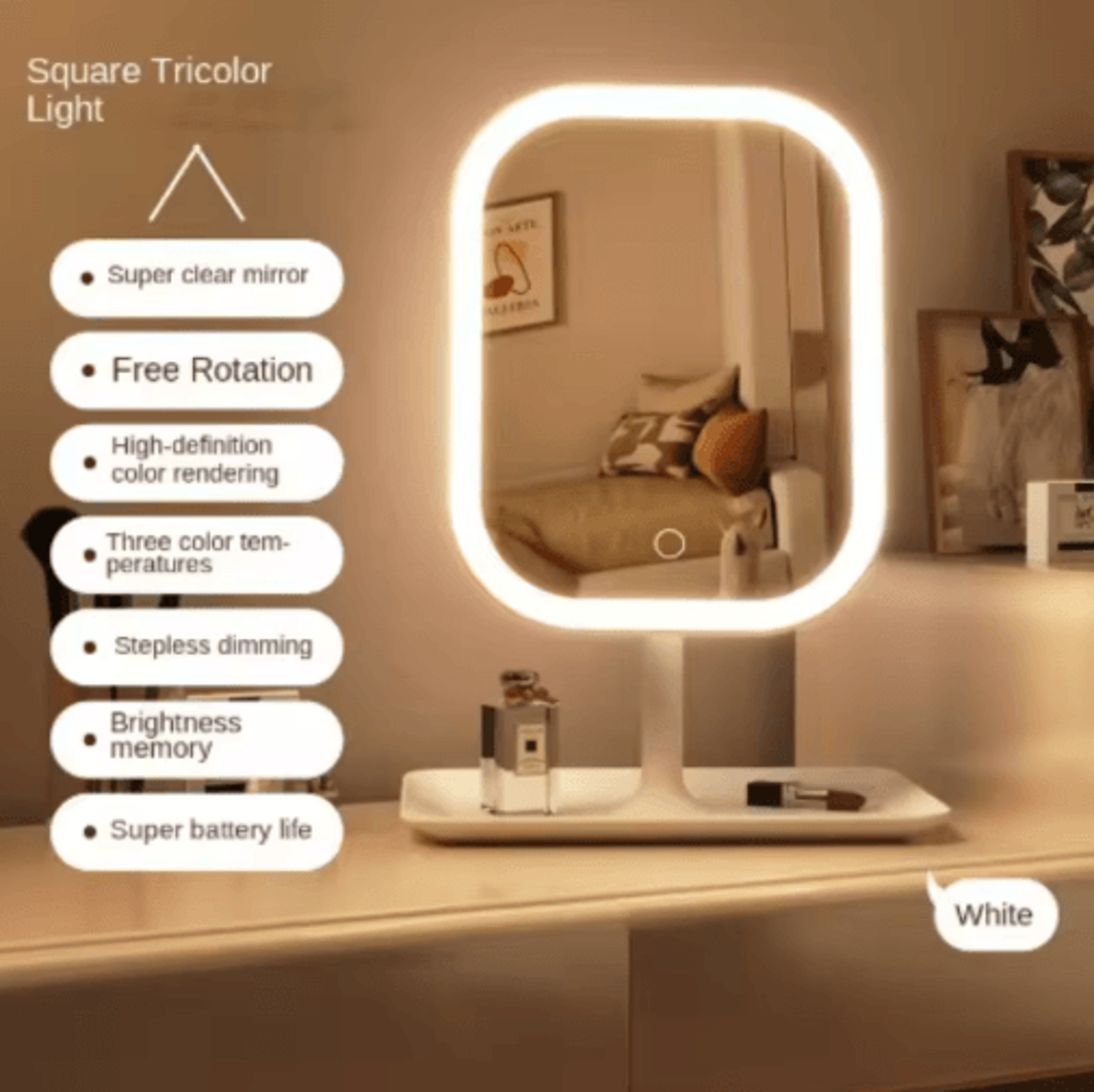 3Color LED Vanity Mirror  Dimmable Touch Control Desktop Makeup Mirror 4