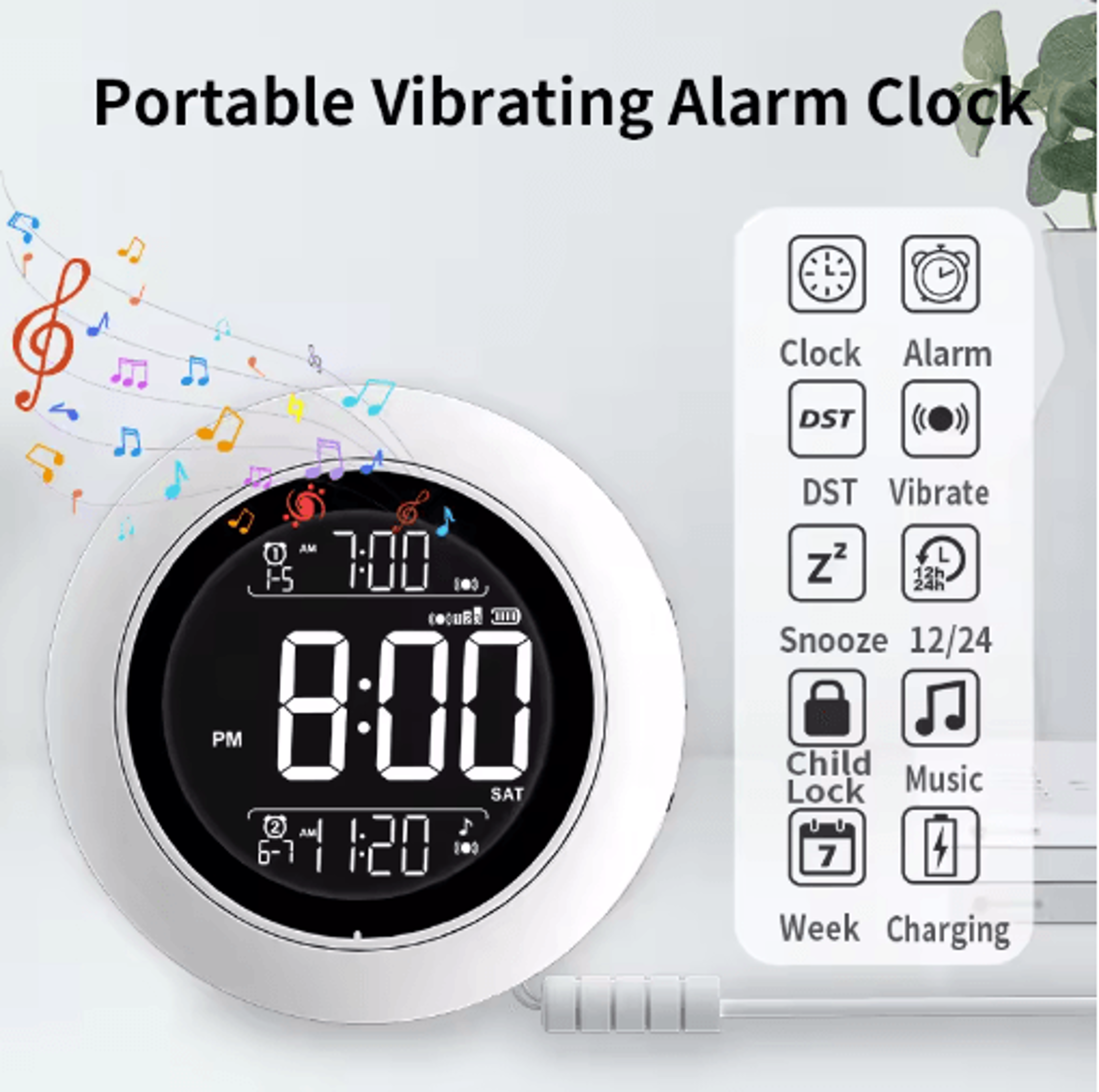 Portable Vibration Alarm Clock  4Alarm Bedside Digital Clock With Snooze 6