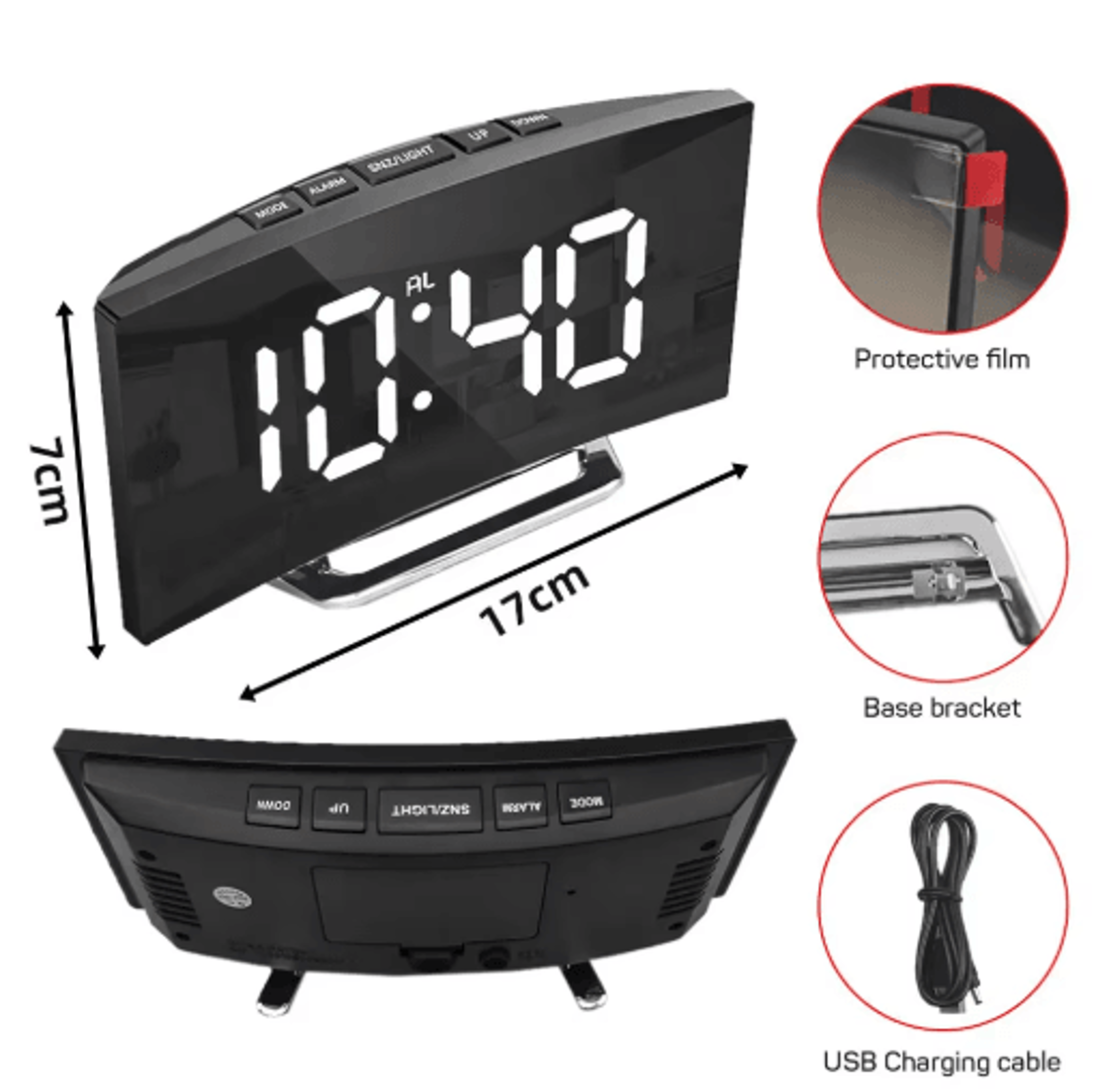Curved Screen LED Mirror Alarm Clock  Digital Bedside Clock With Temperature Display 5