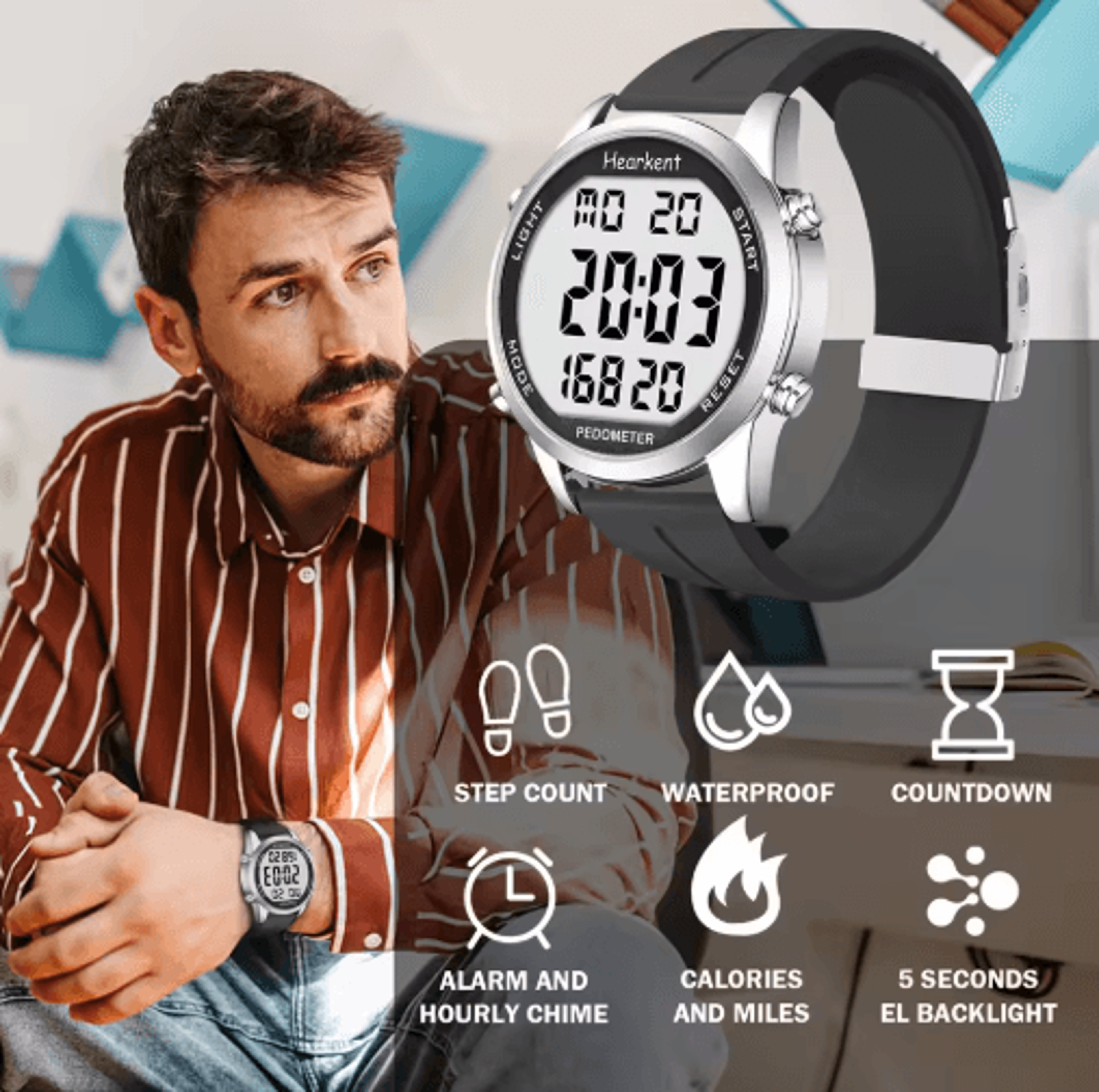 Hearkent Mens Digital Pedometer Watch  Step  Calorie Walking Fitness Tracker 7