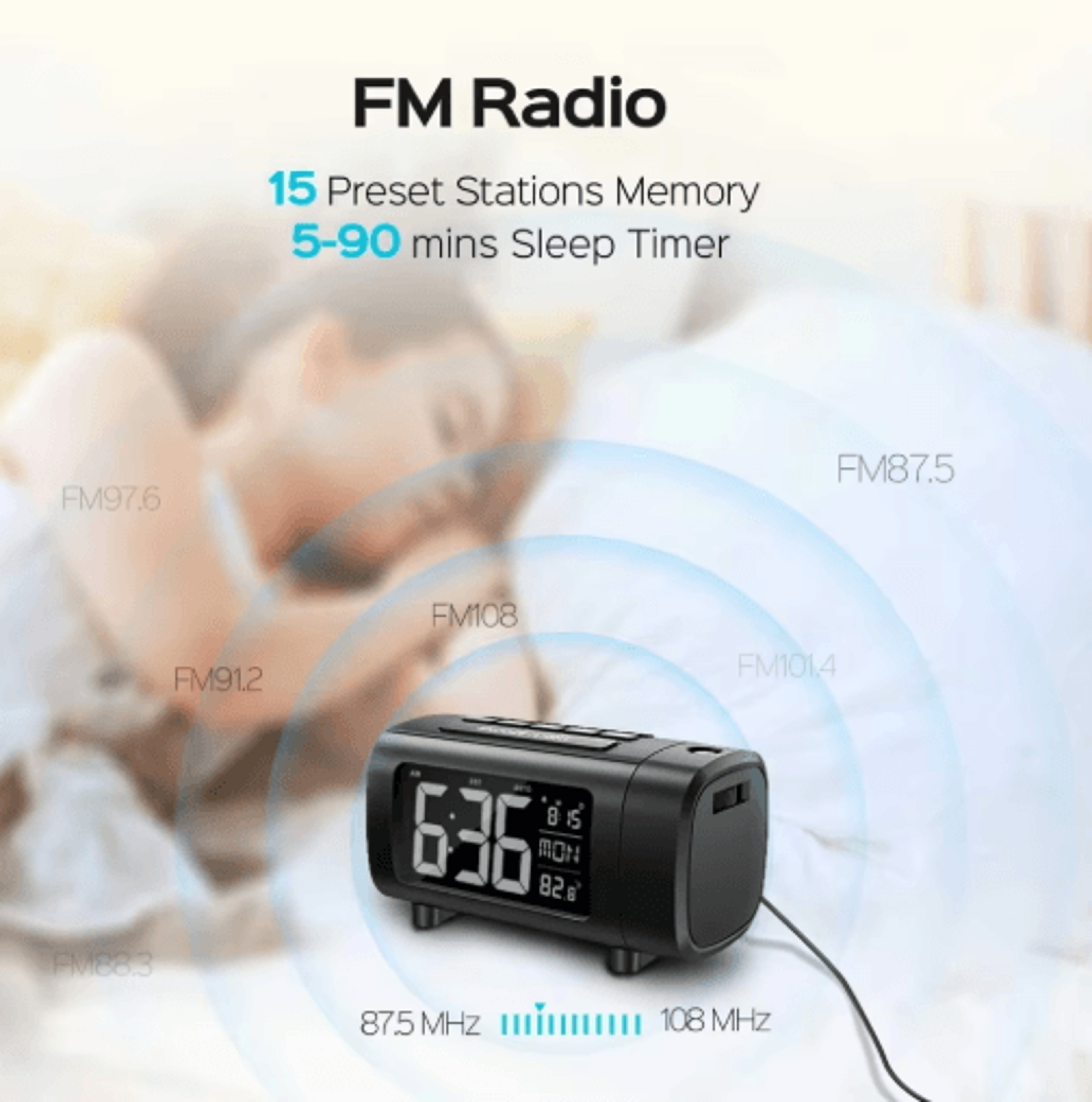 180 Projection Alarm Clock Radio  Digital Bedside Clock With Snooze  USB Charging 3