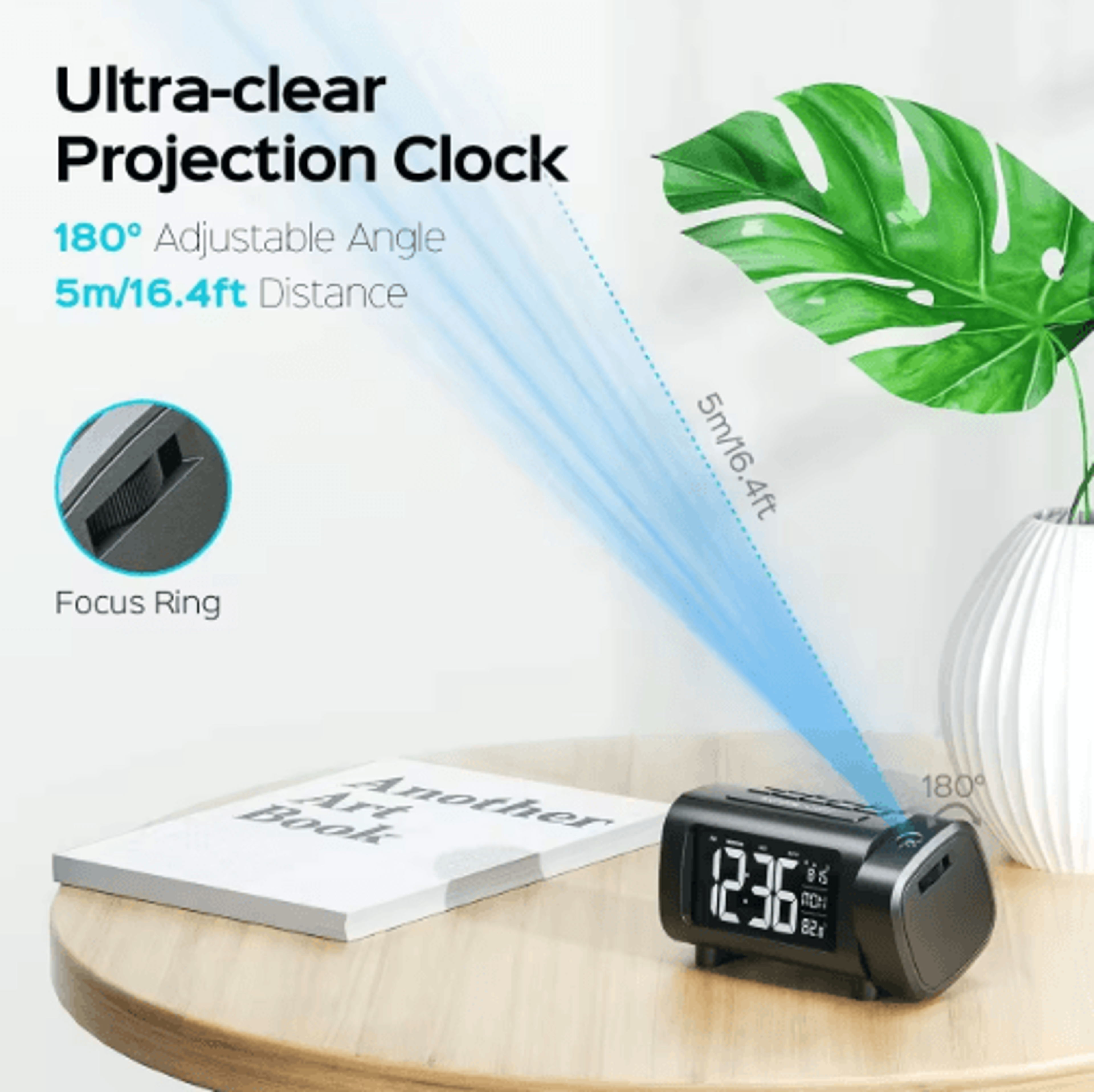 180 Projection Alarm Clock Radio  Digital Bedside Clock With Snooze  USB Charging 6