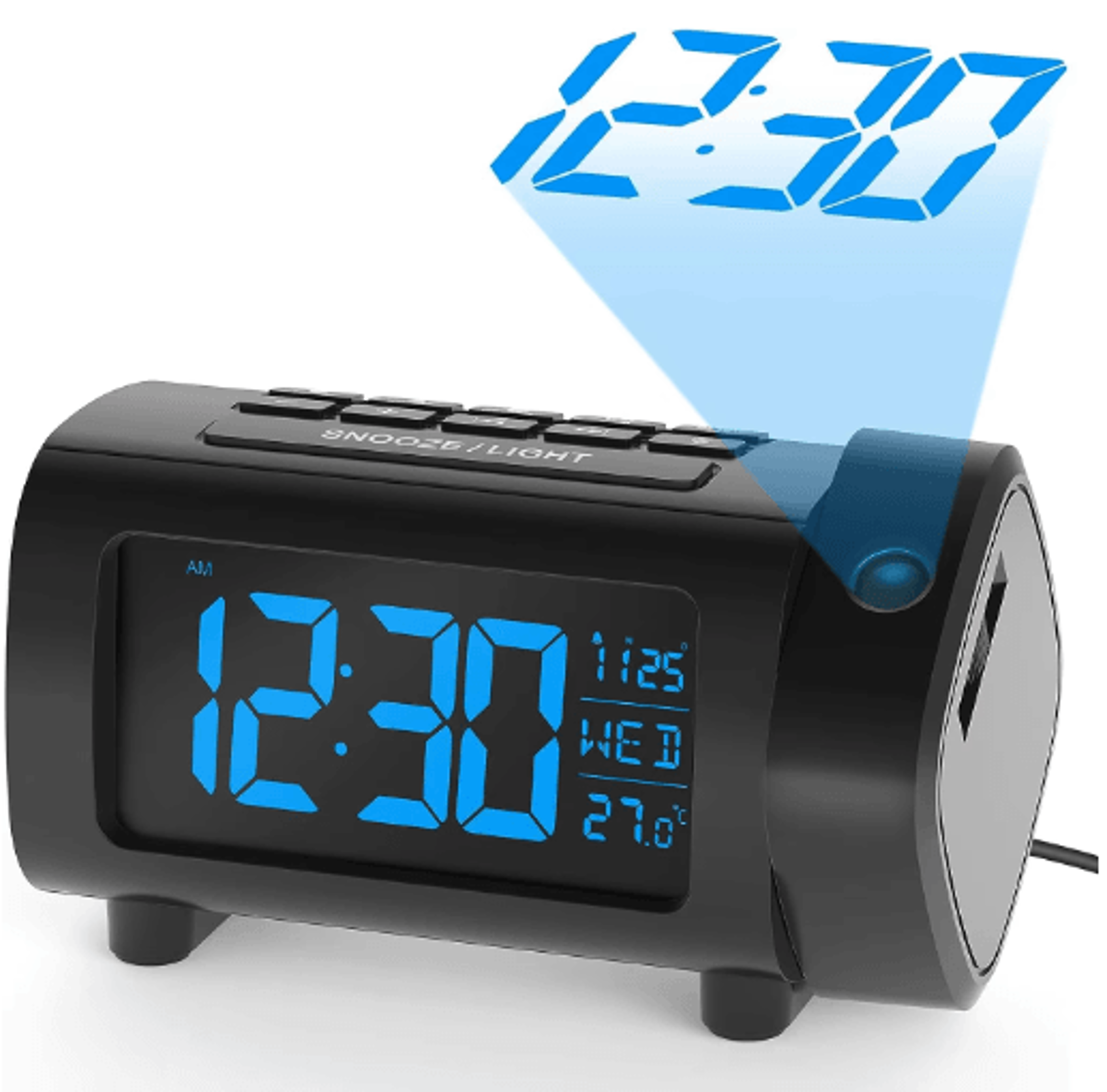180 Projection Alarm Clock Radio  Digital Bedside Clock With Snooze  USB Charging 0