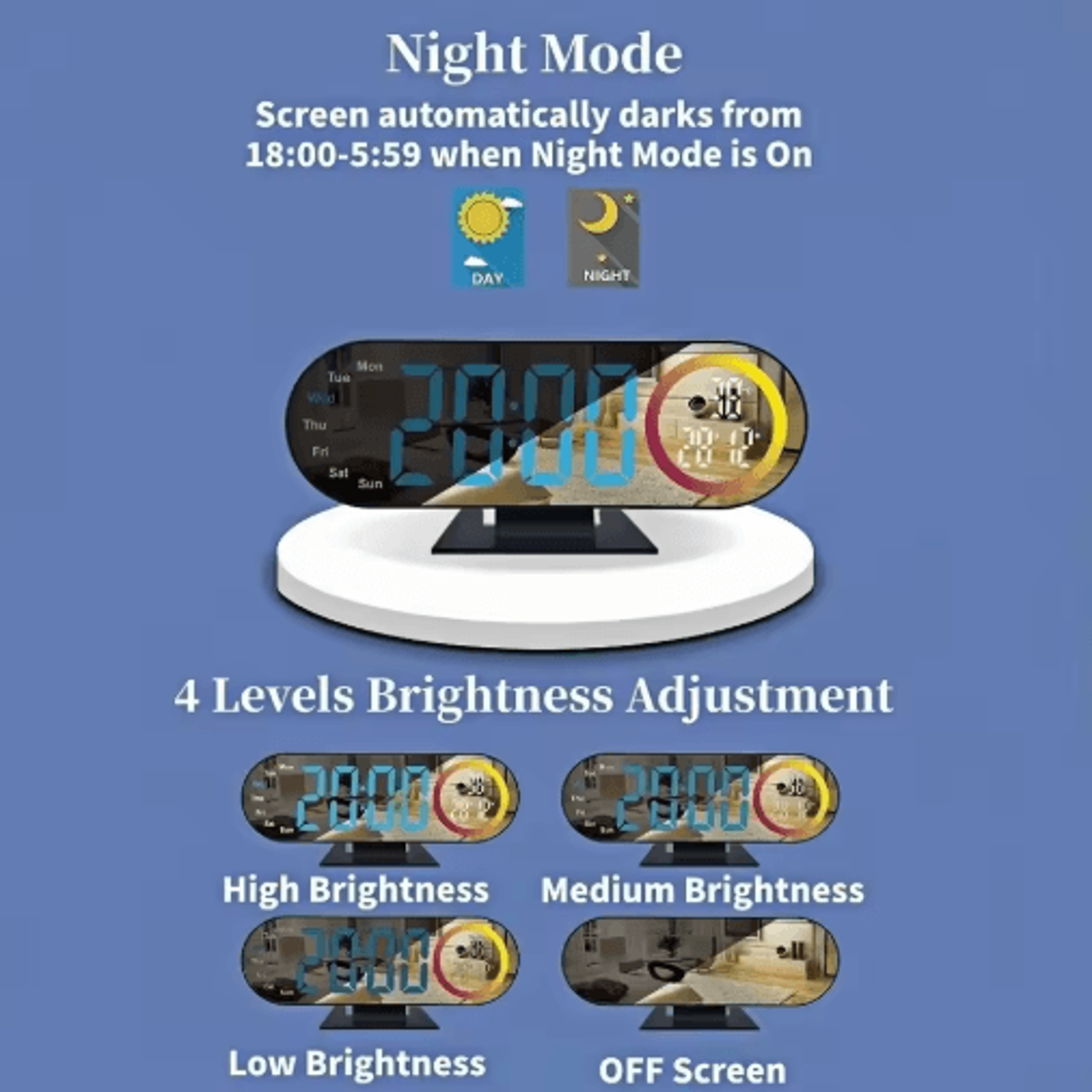 LED Mirror Alarm Clock  Voice Control Temperature  Adjustable Brightness 8