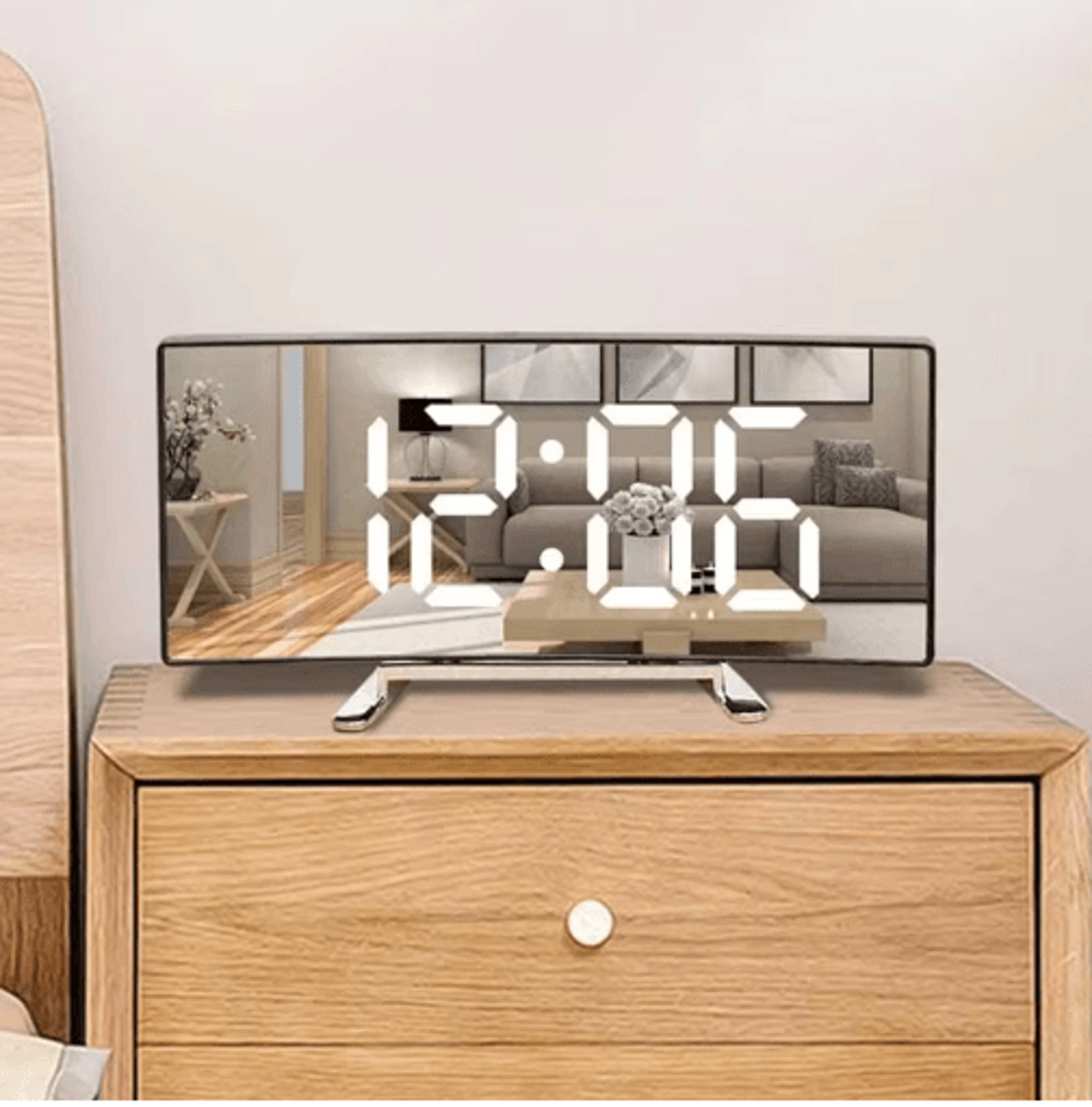 Curved LED Mirror Alarm Clock  Silent Digital Desktop Clock 7