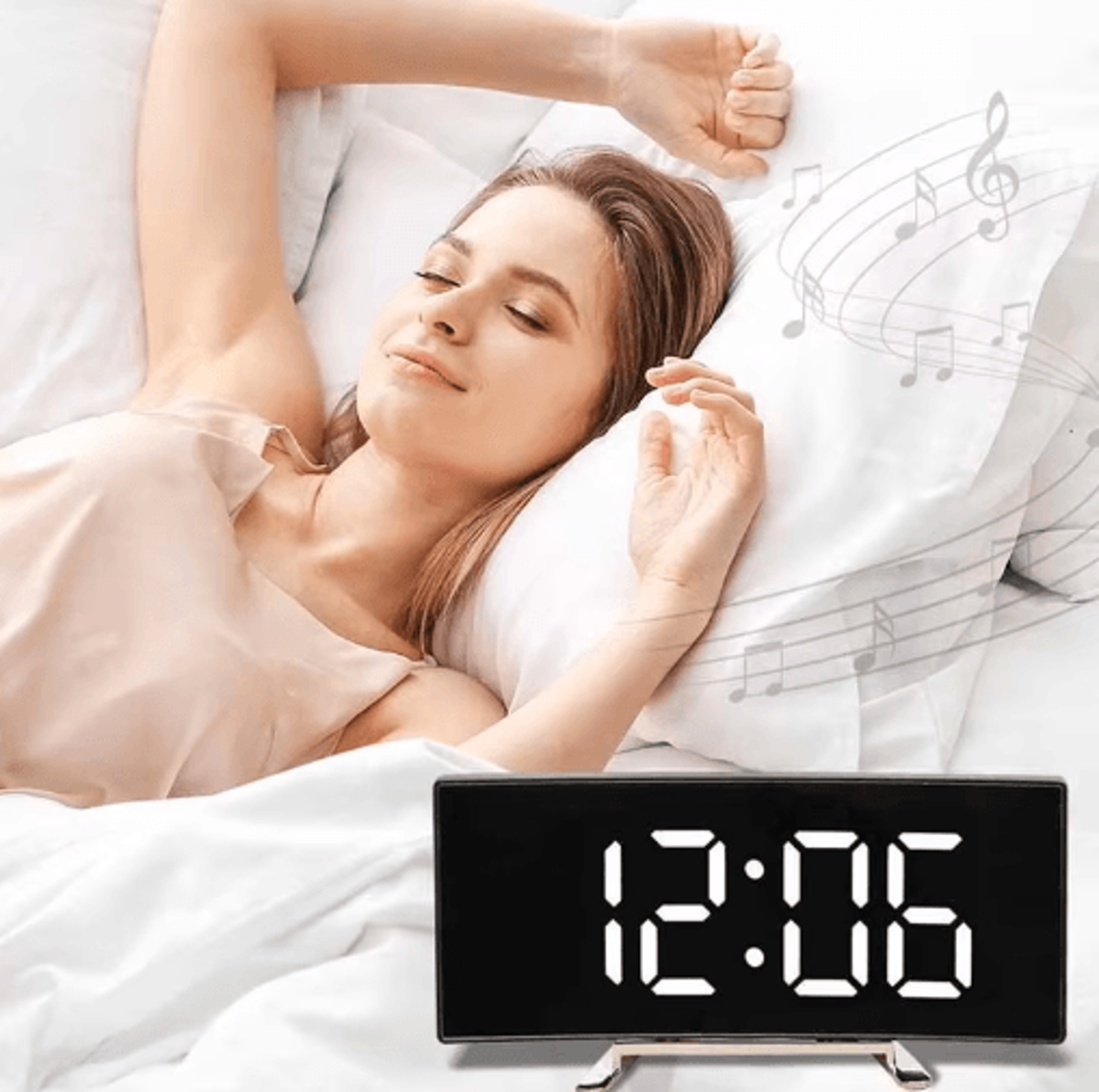 Curved LED Mirror Alarm Clock  Silent Digital Desktop Clock 6