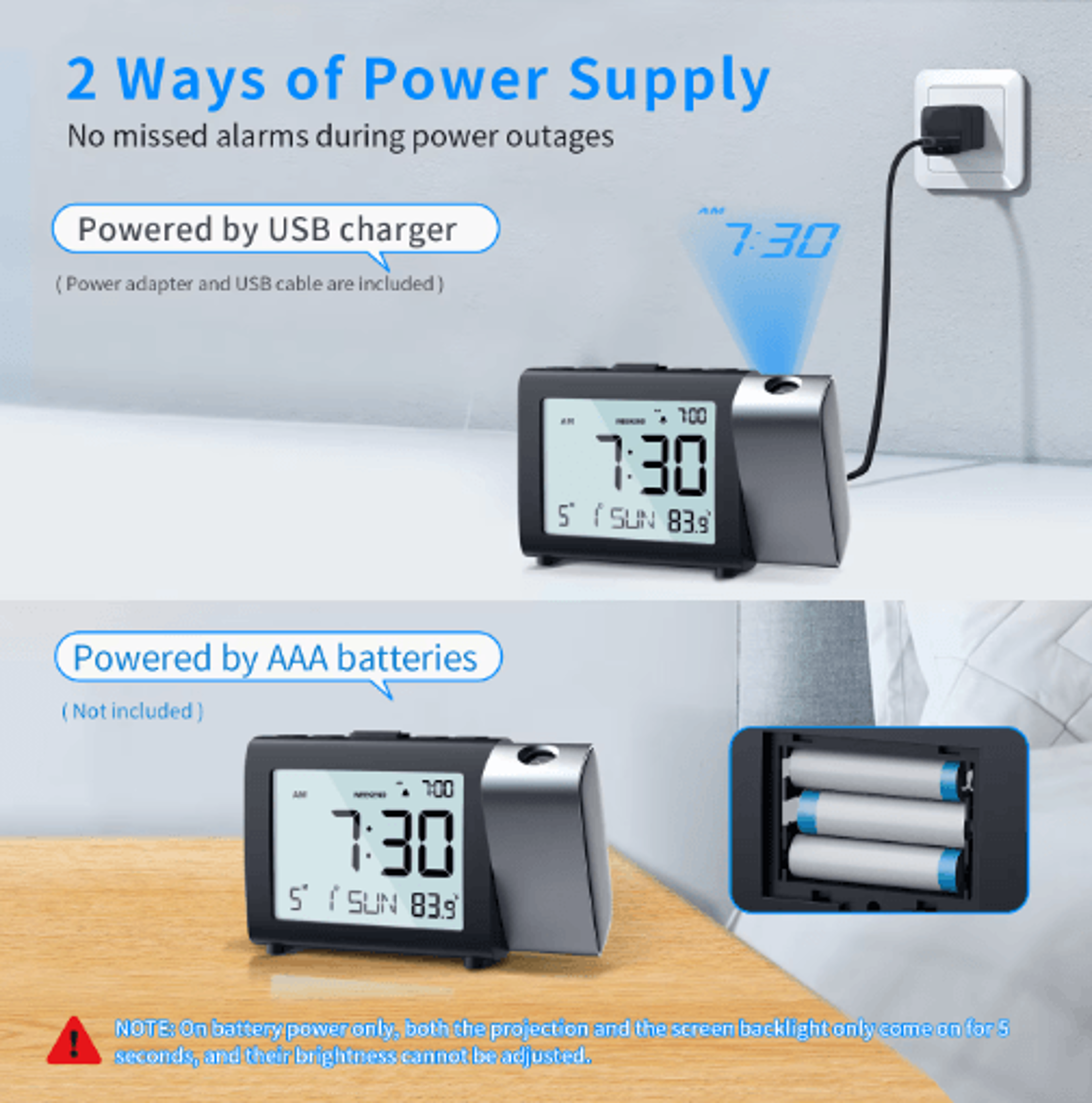 180 Projection Alarm Clock  Dimmable LCD Bedside Clock With Memory 5