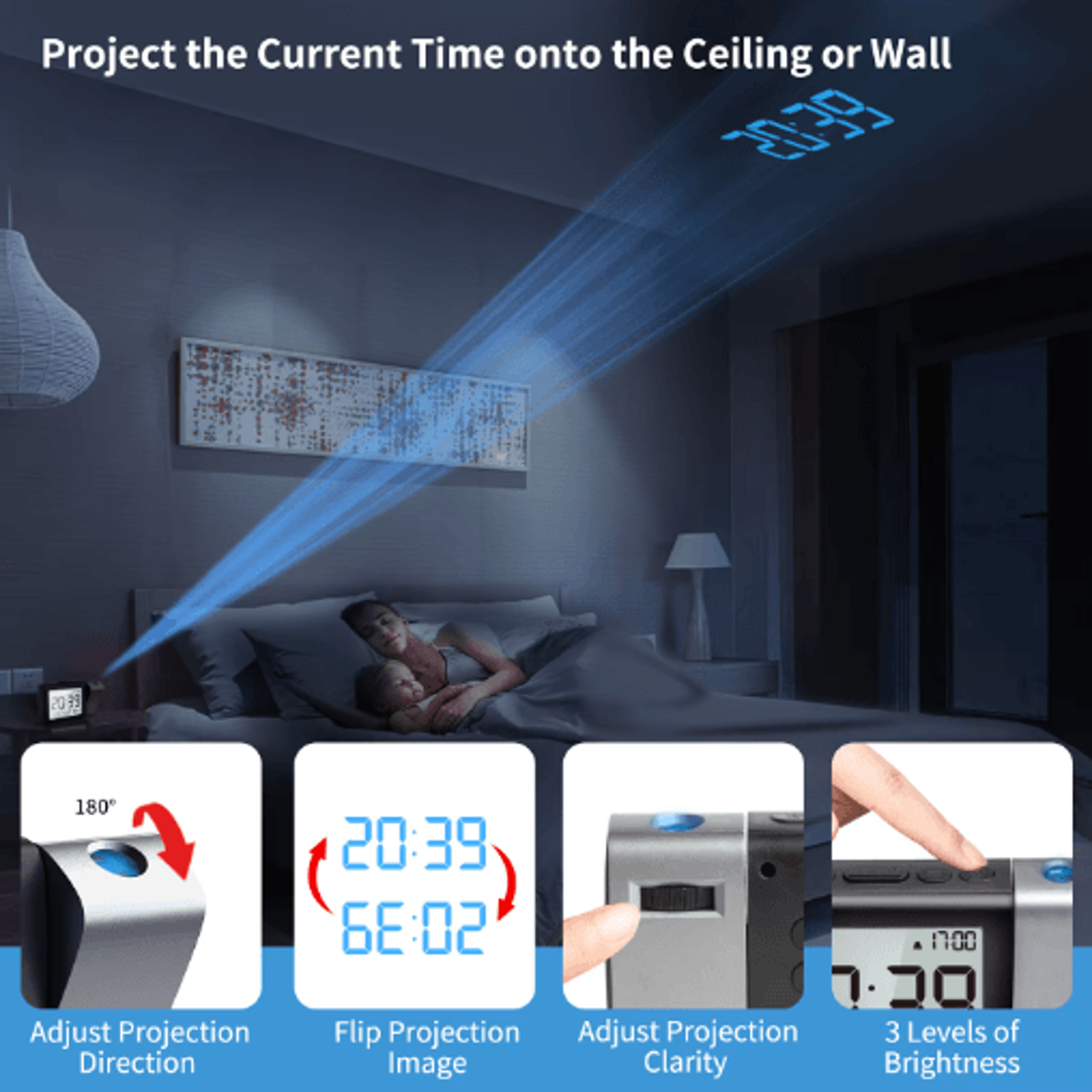 180 Projection Alarm Clock  Dimmable LCD Bedside Clock With Memory 7