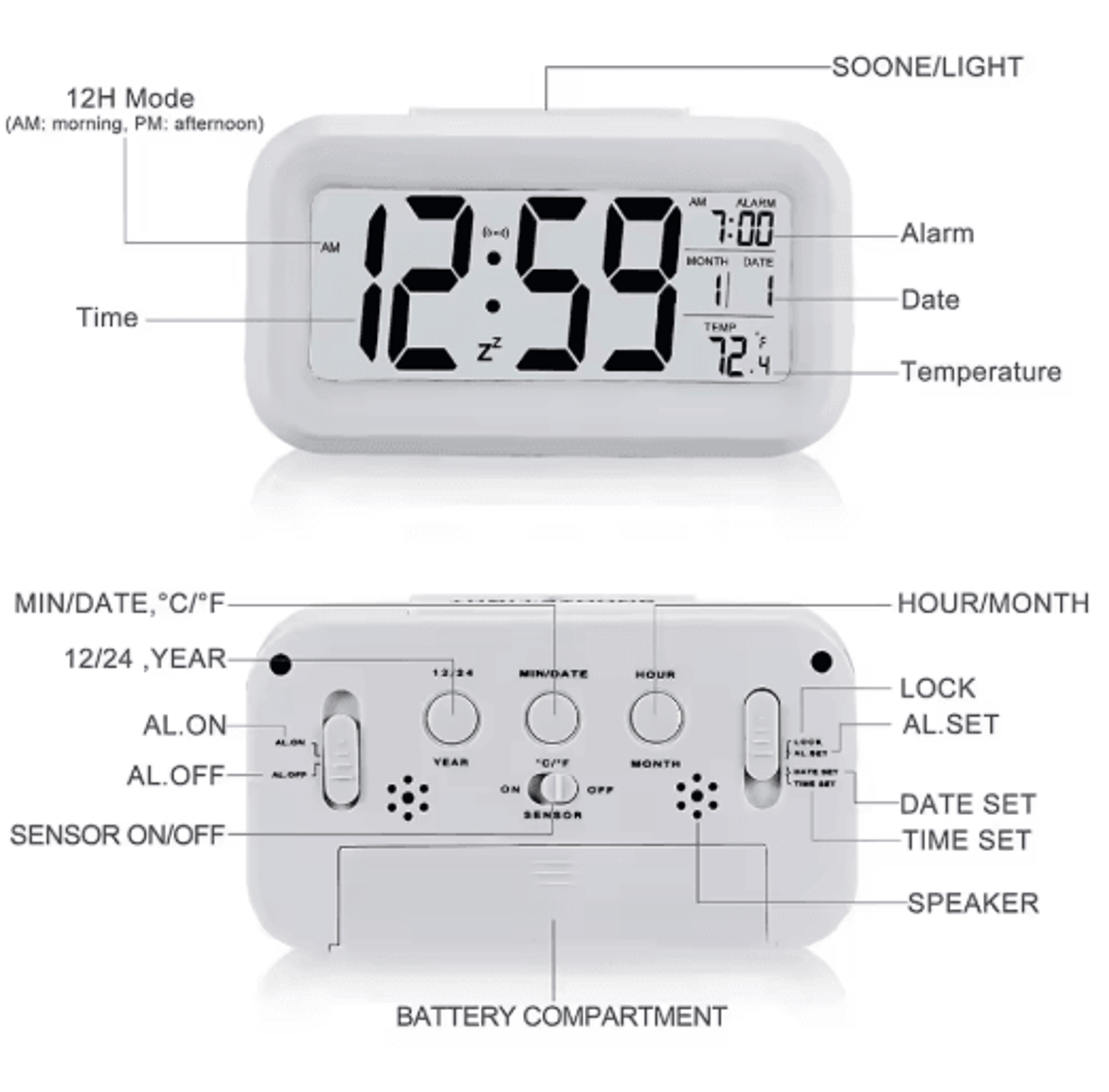 LED Digital Alarm Clock  Backlit Desk Clock With Snooze  Calendar 13