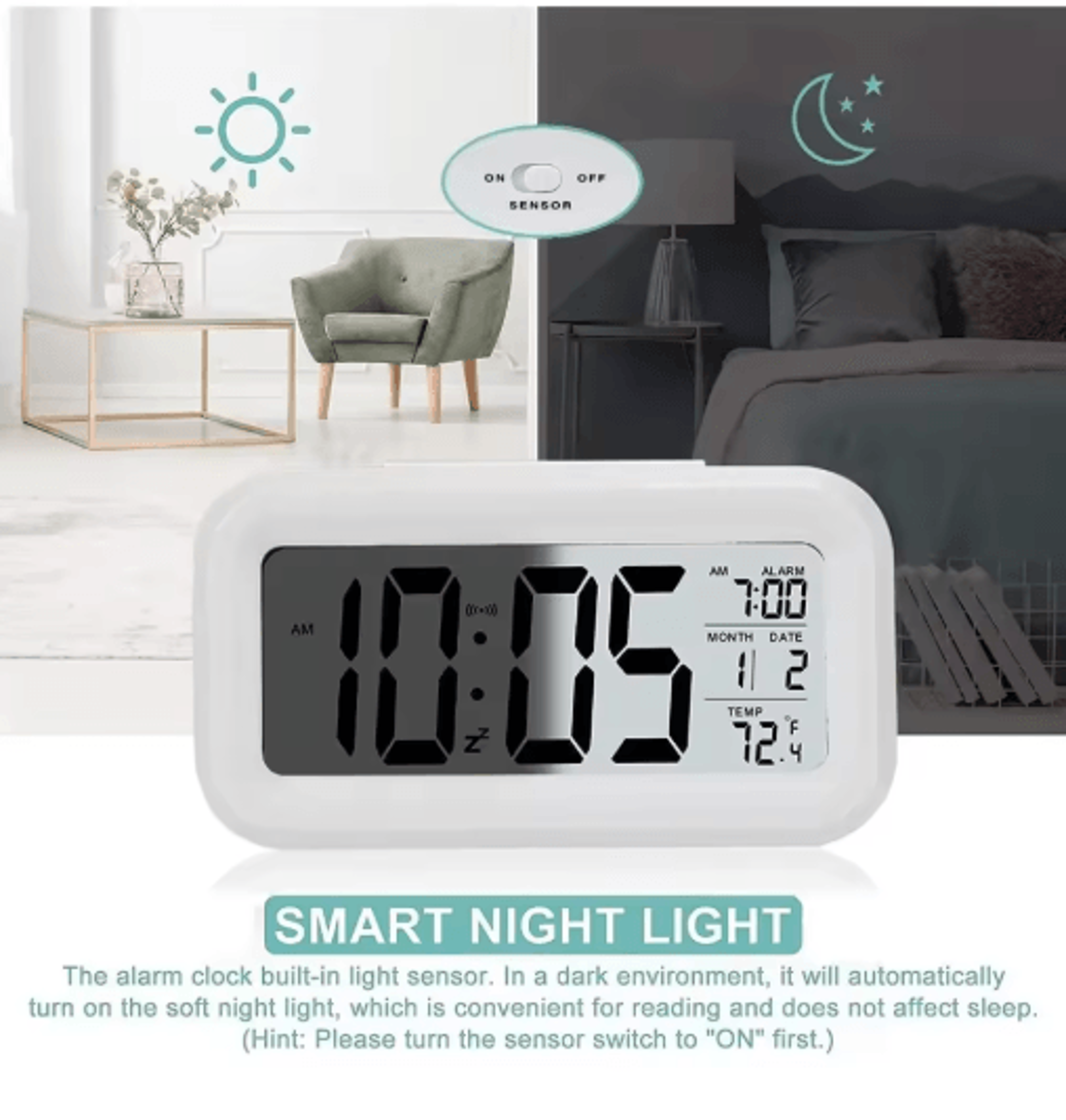 LED Digital Alarm Clock  Backlit Desk Clock With Snooze  Calendar 12