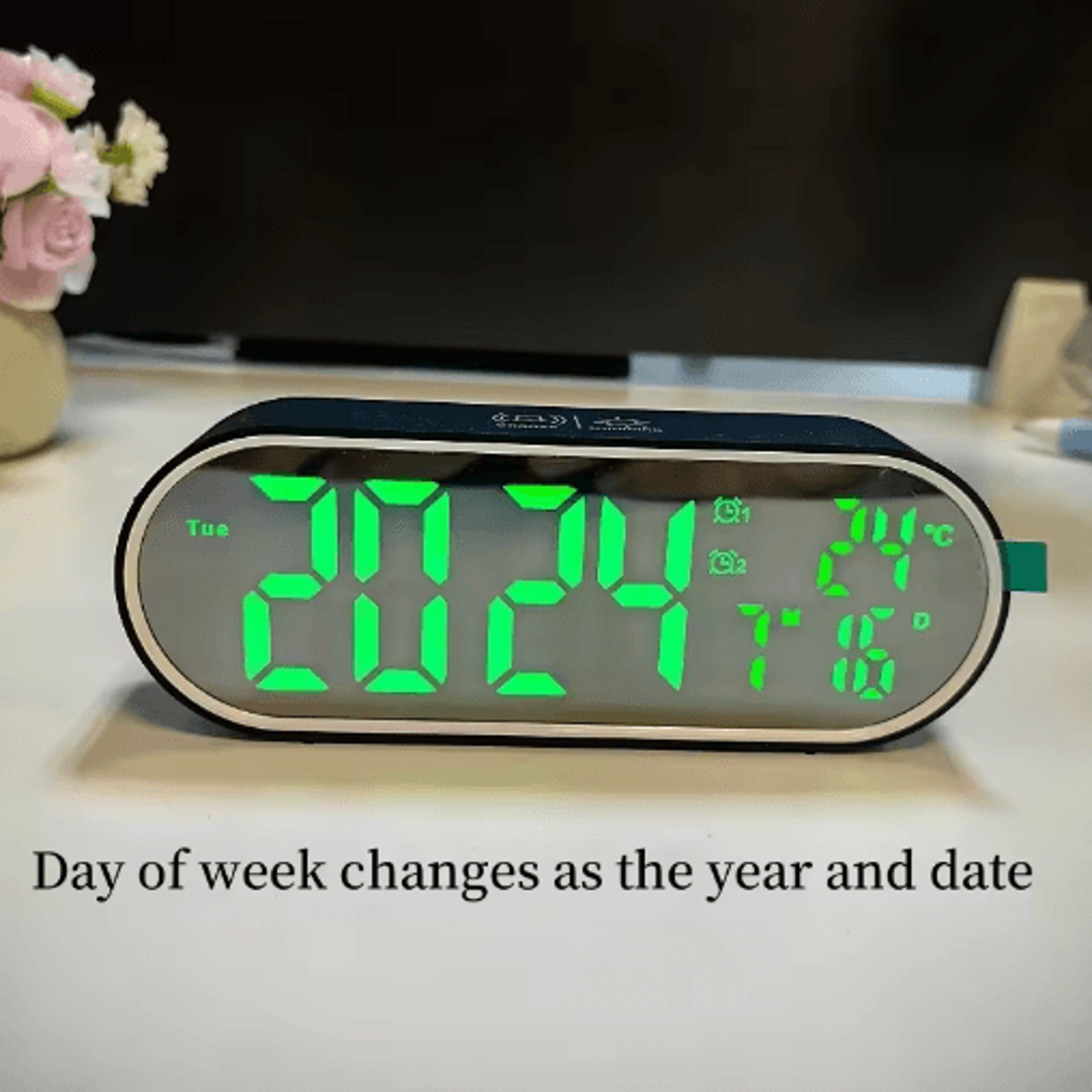 Rechargeable LED Mirror Alarm Clock  Dual Alarms Voice Control  Temperature Display 0