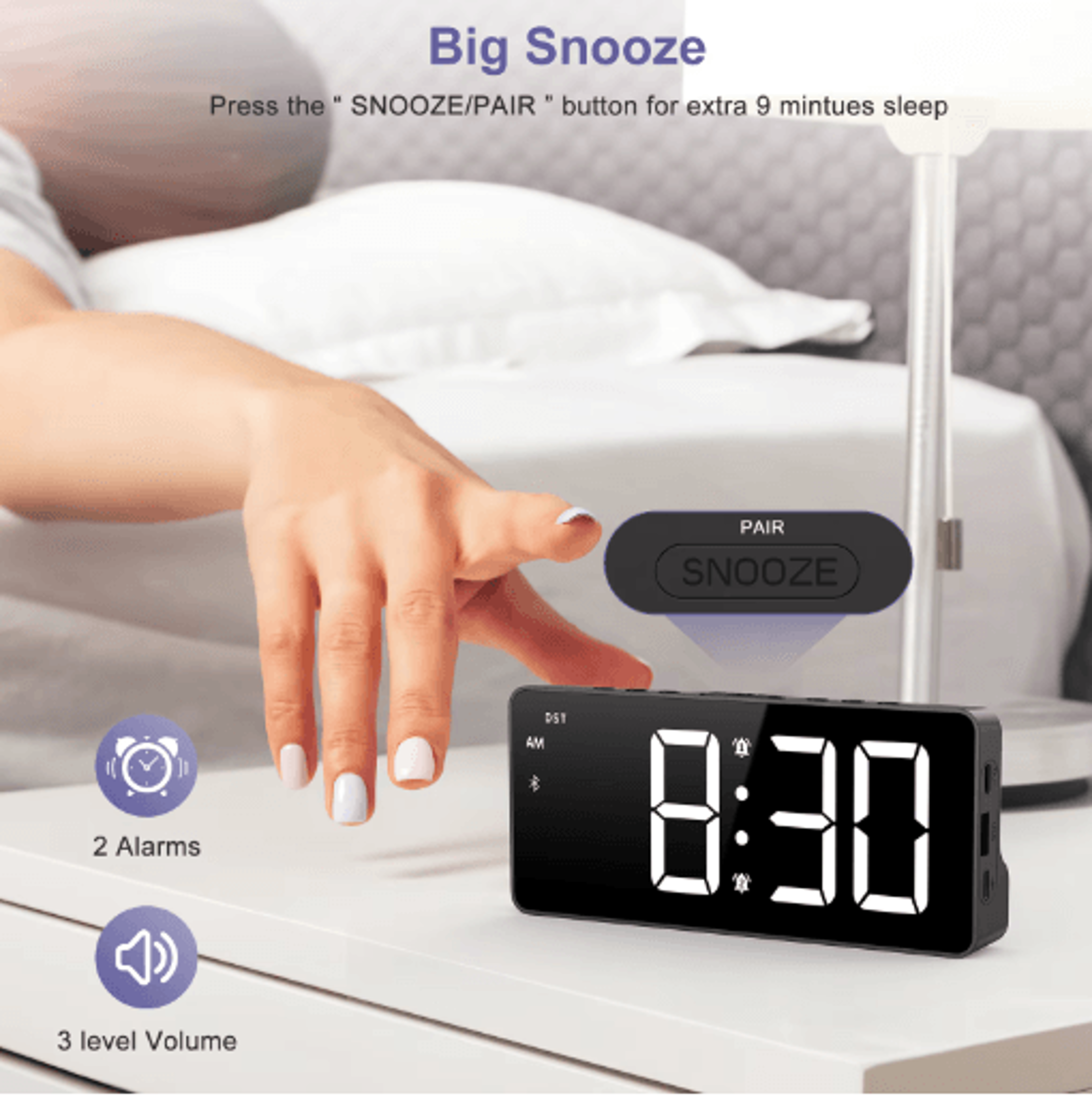 ORIA 7Inch LED Alarm Clock  Bluetooth Time Sync With Dual Alarms 2