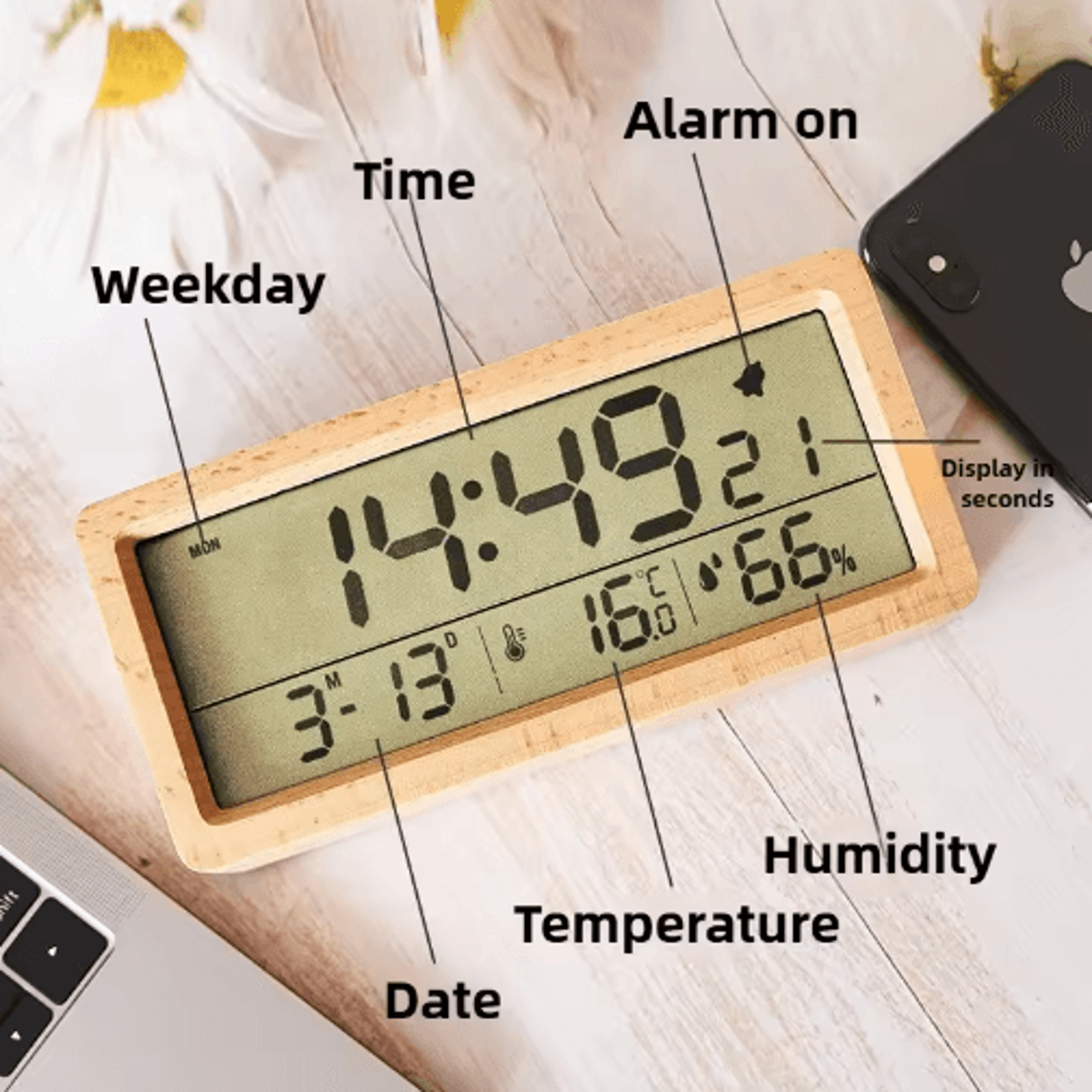 Large Screen Wooden Digital Alarm Clock  Temperature Humidity  Date Display 4