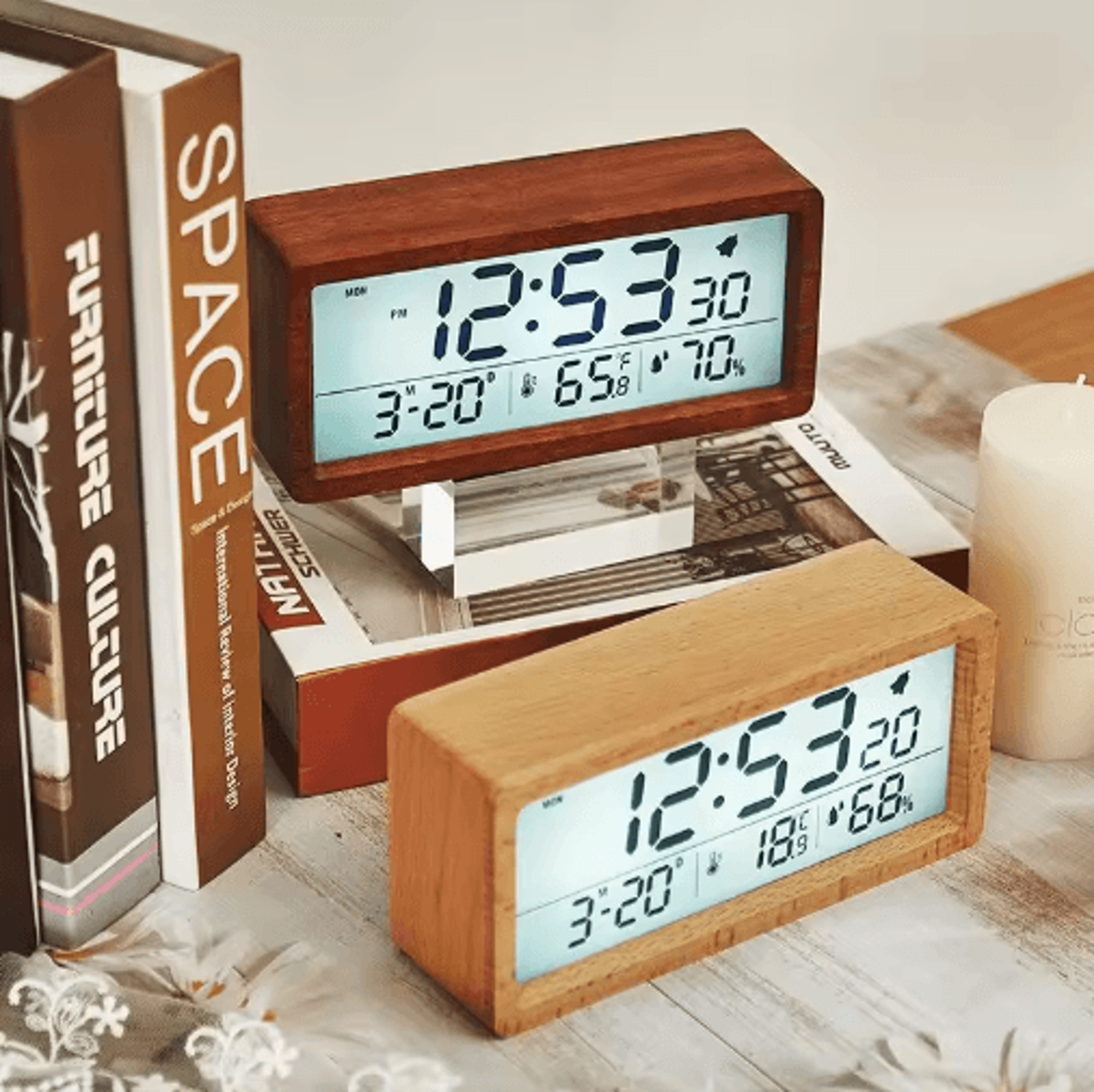 Large Screen Wooden Digital Alarm Clock  Temperature Humidity  Date Display 6