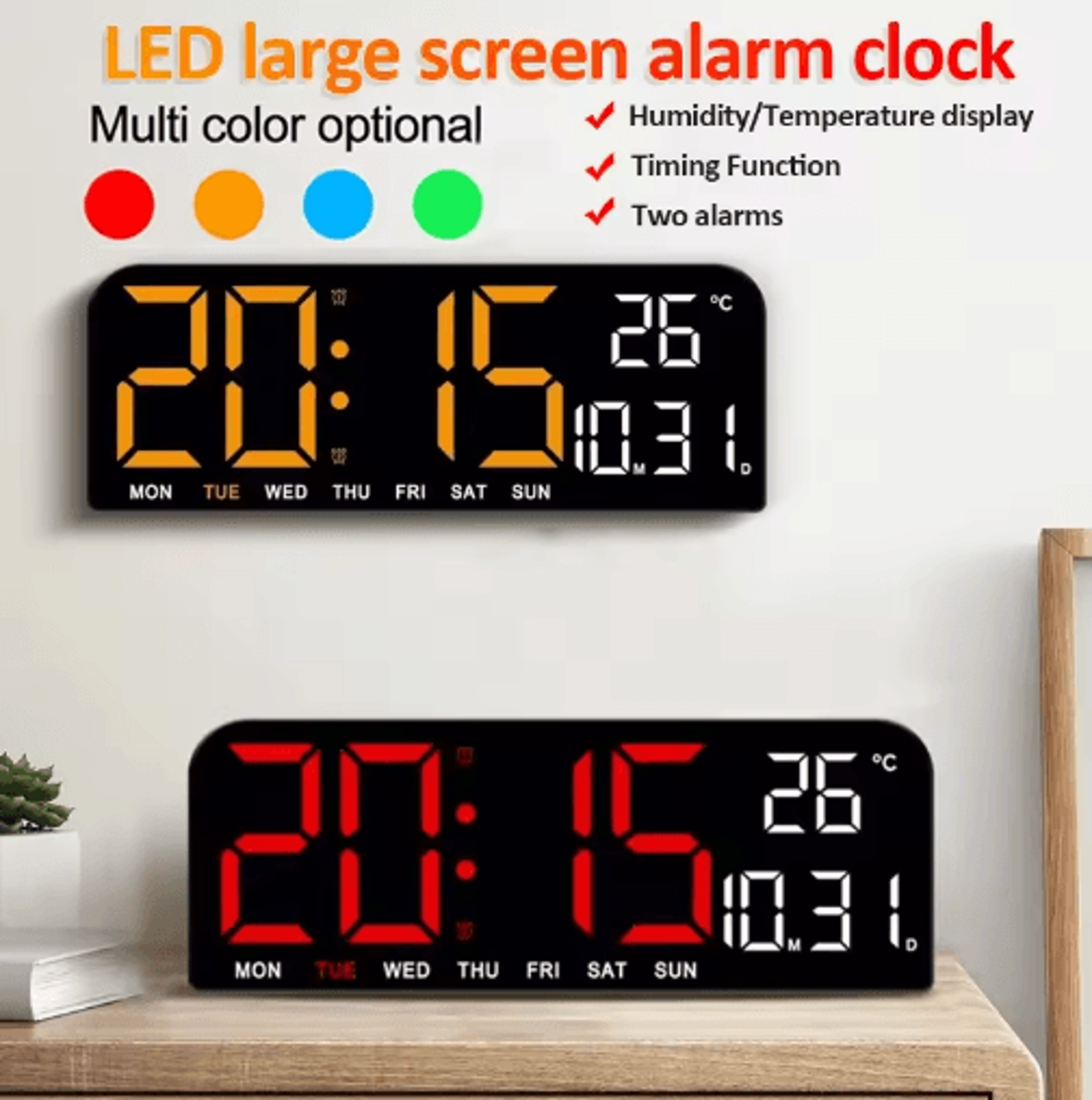 Large LED Digital Wall Clock  Temperature Date Week  Dual Alarms 6