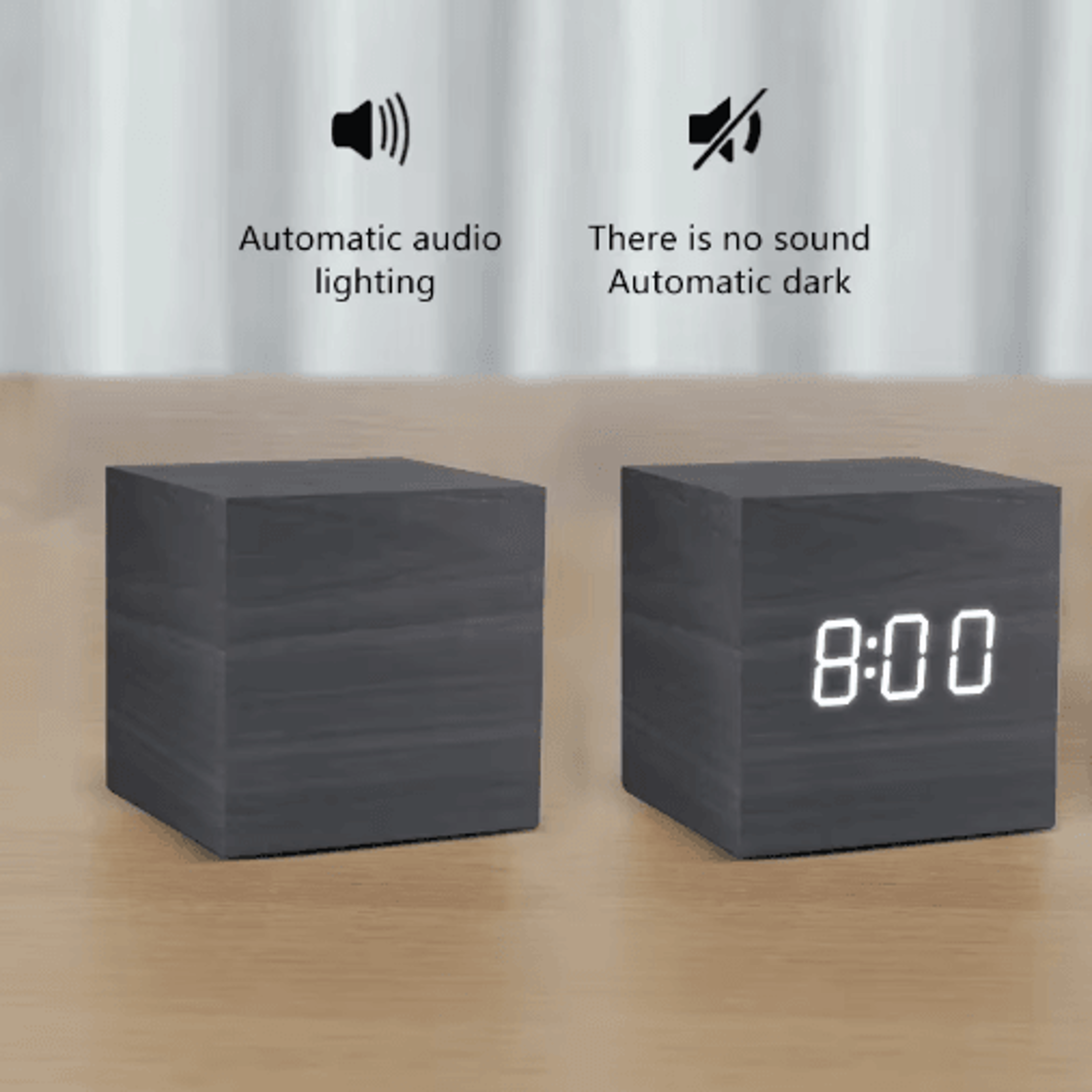 Square Wood LED Alarm Clock Voice Control  Snooze Desk Clock 5