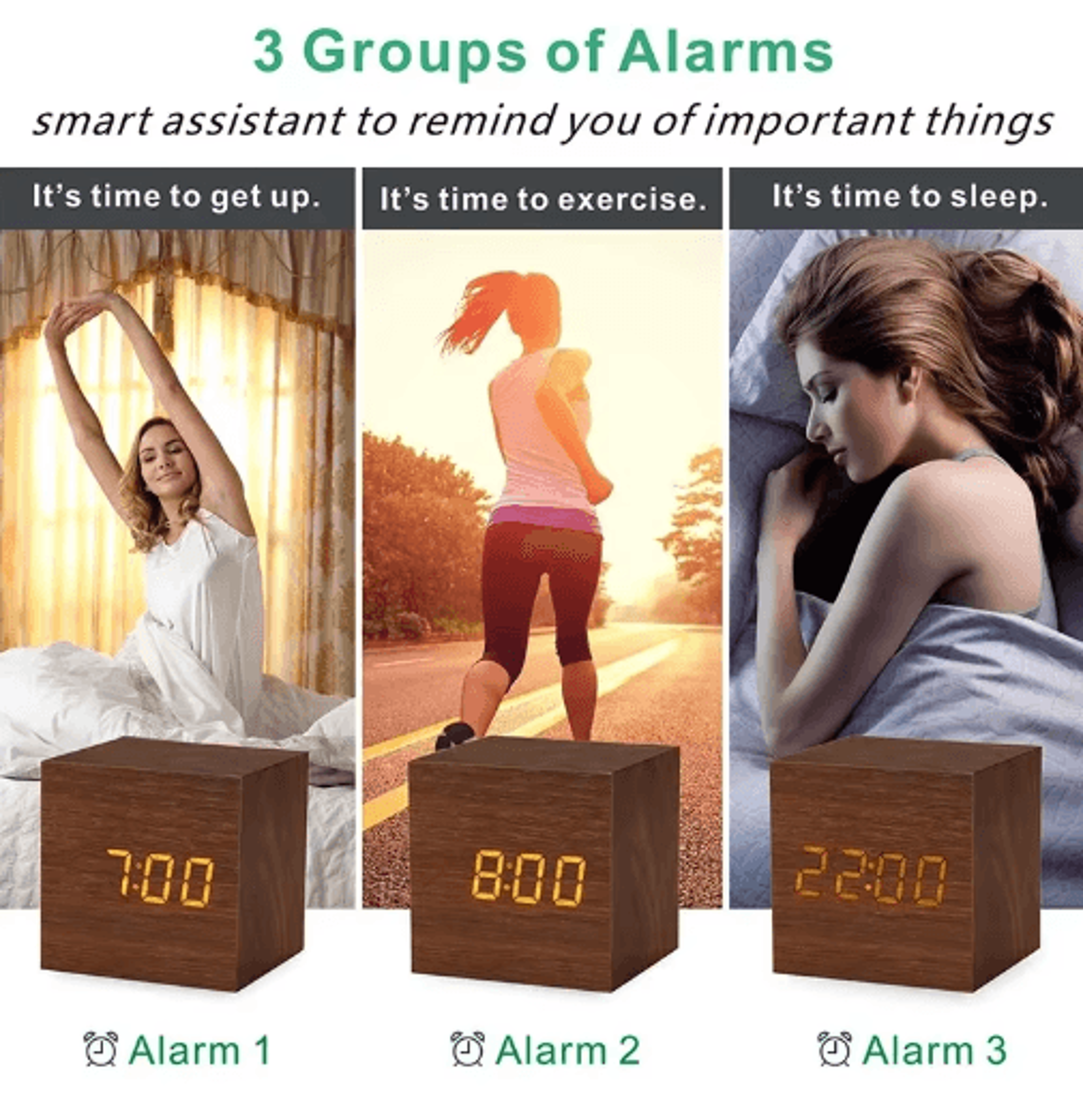 Square Wood LED Alarm Clock Voice Control  Snooze Desk Clock 8