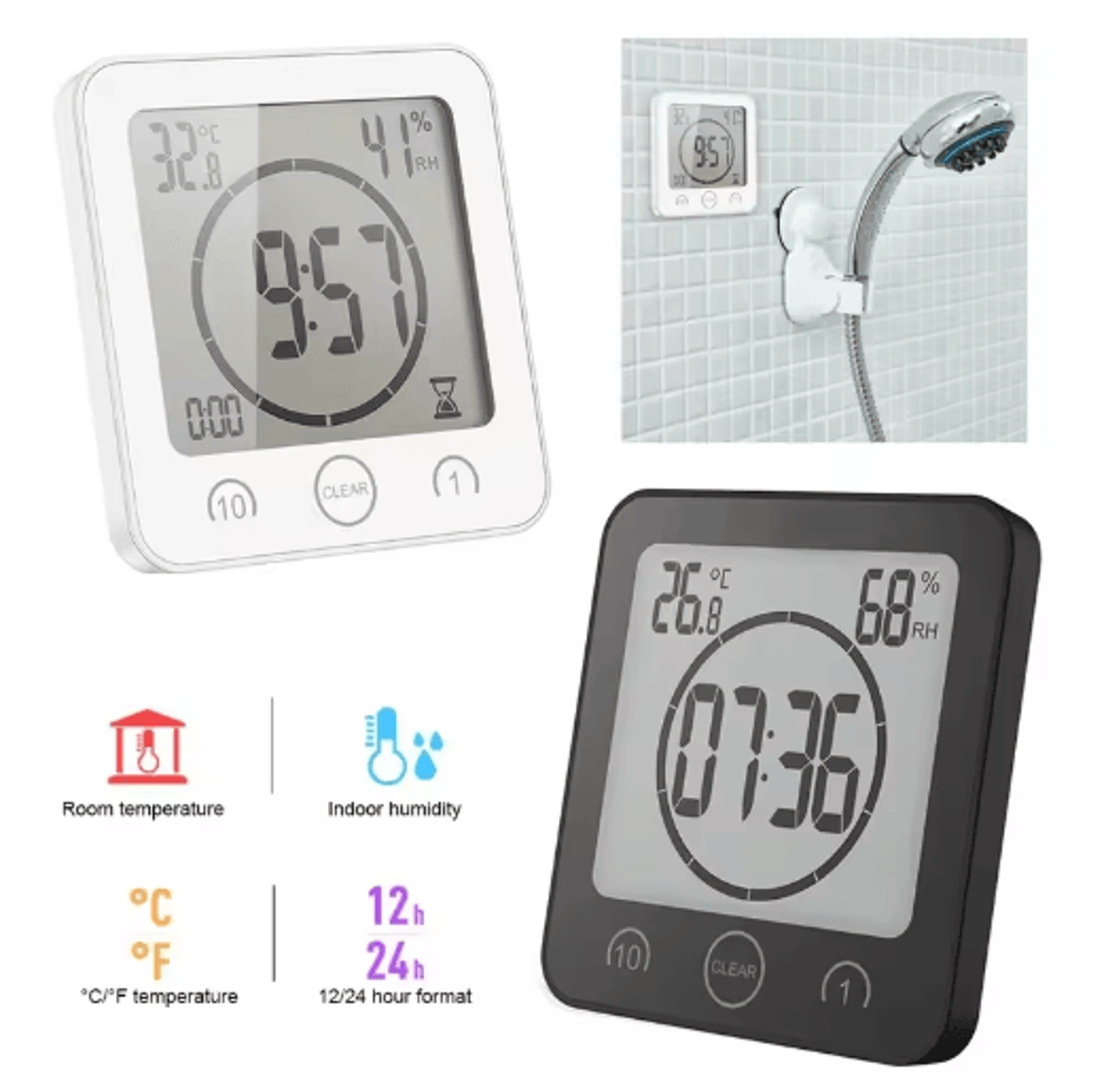 LCD Waterproof Bathroom Clock  Timer Temperature  Humidity Display 7