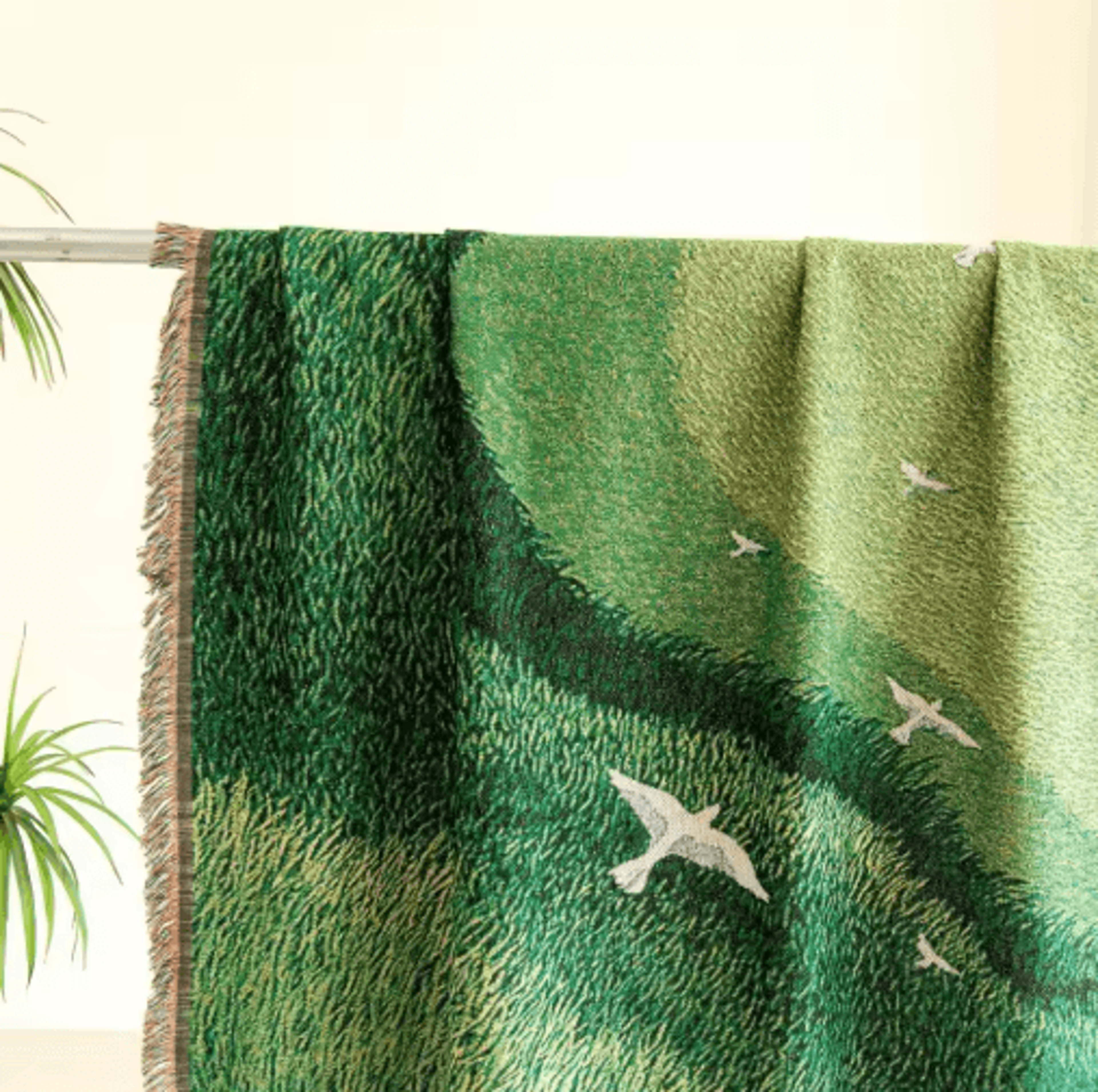 Abstract Landscape Woven Throw Blanket  Green Scenic Bird Tapestry With Fringe 4