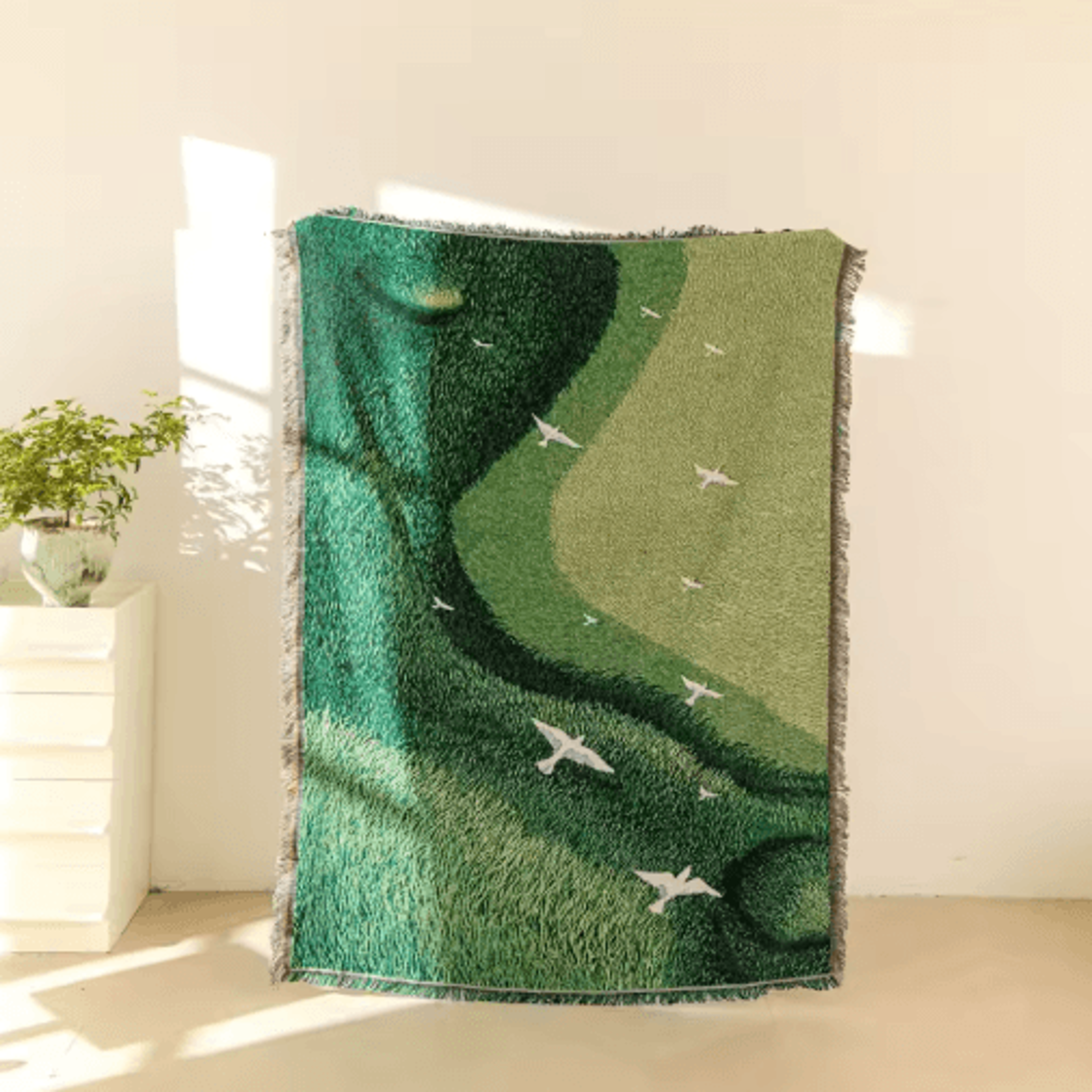 Abstract Landscape Woven Throw Blanket  Green Scenic Bird Tapestry With Fringe 1