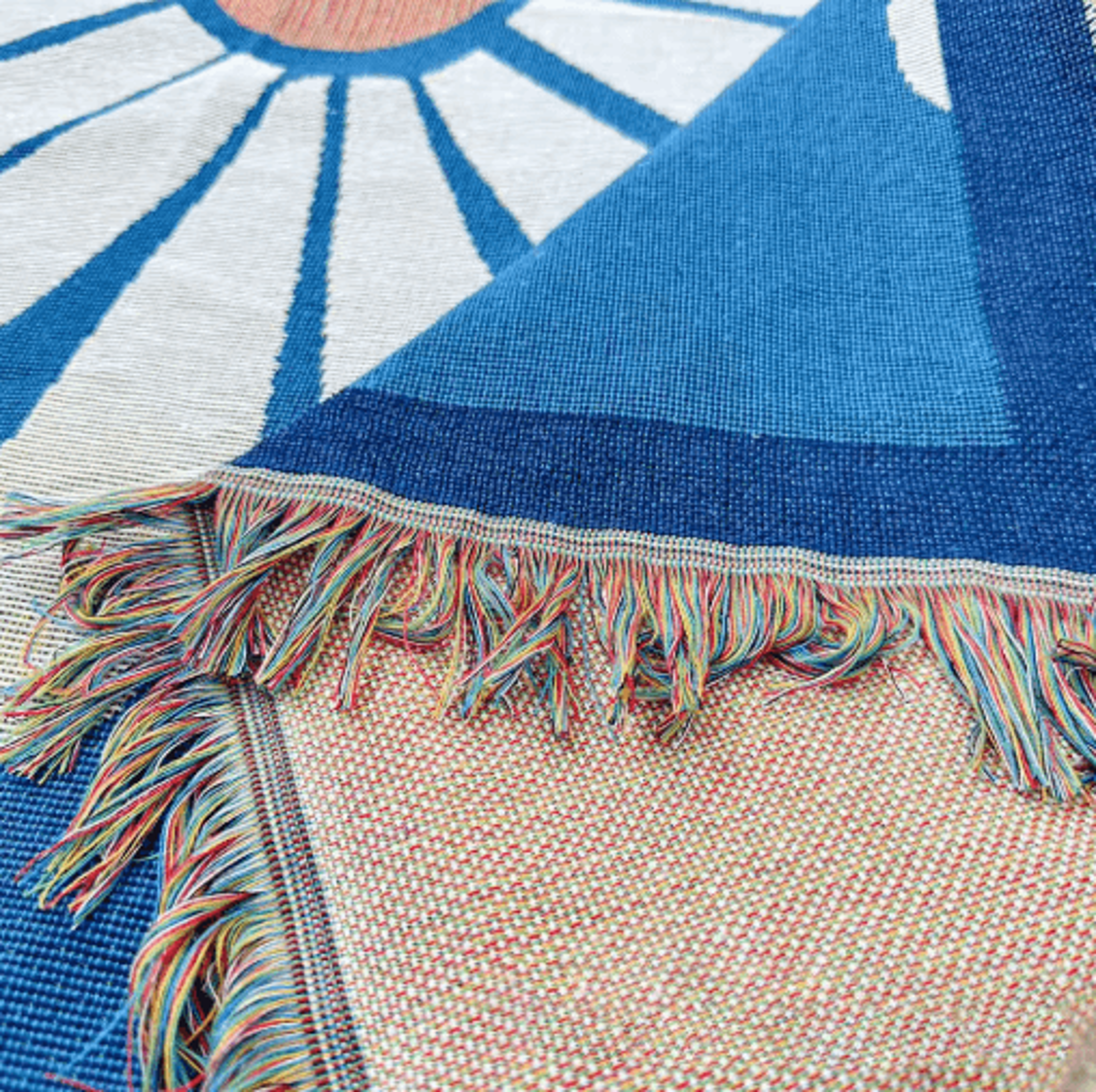 Japanese Abstract Knitted Throw Blanket  Blue Geometric Tassel Tapestry 6
