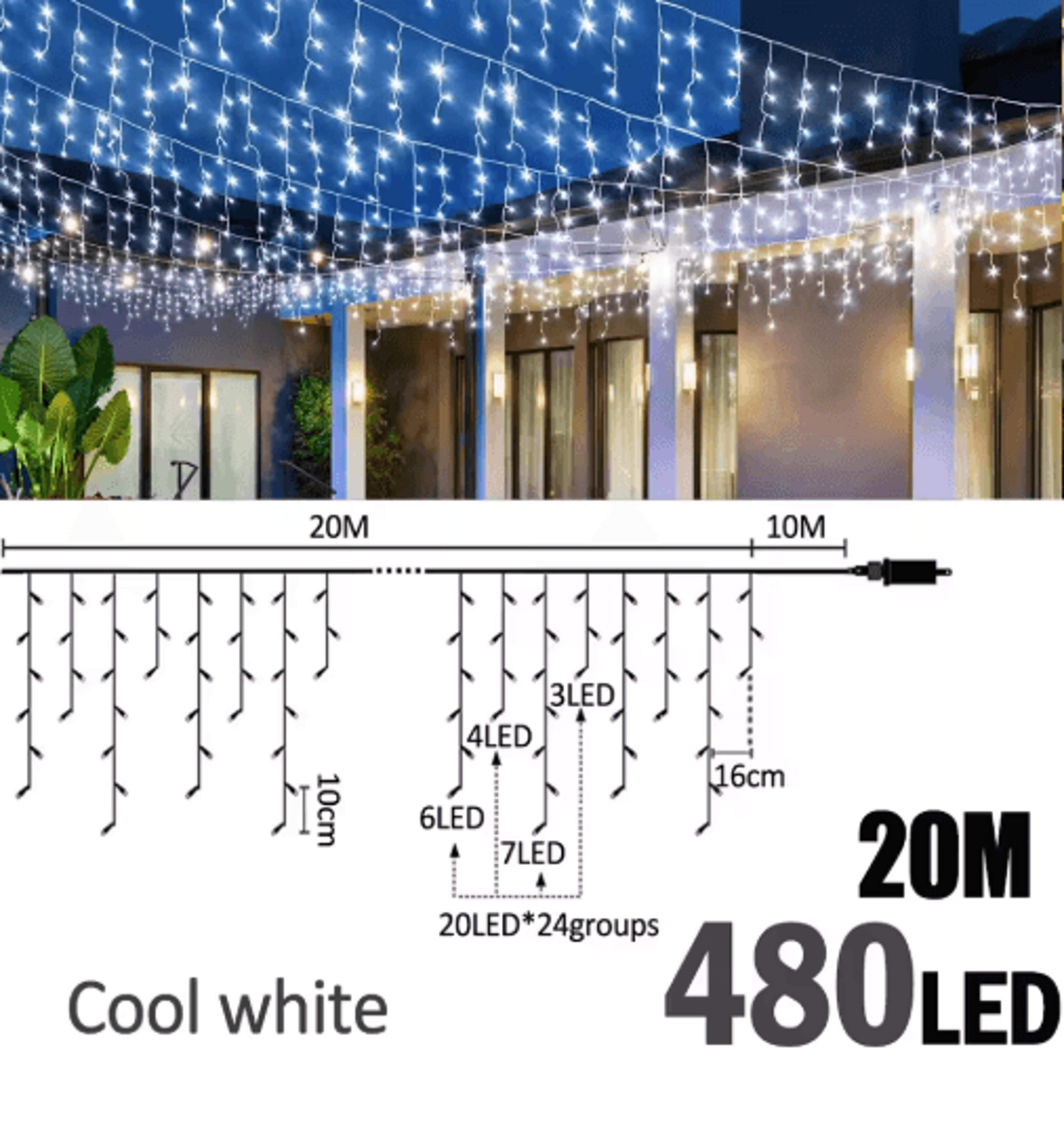 200480 LED Icicle String Lights  8Mode Waterproof Christmas Curtain Lights 4