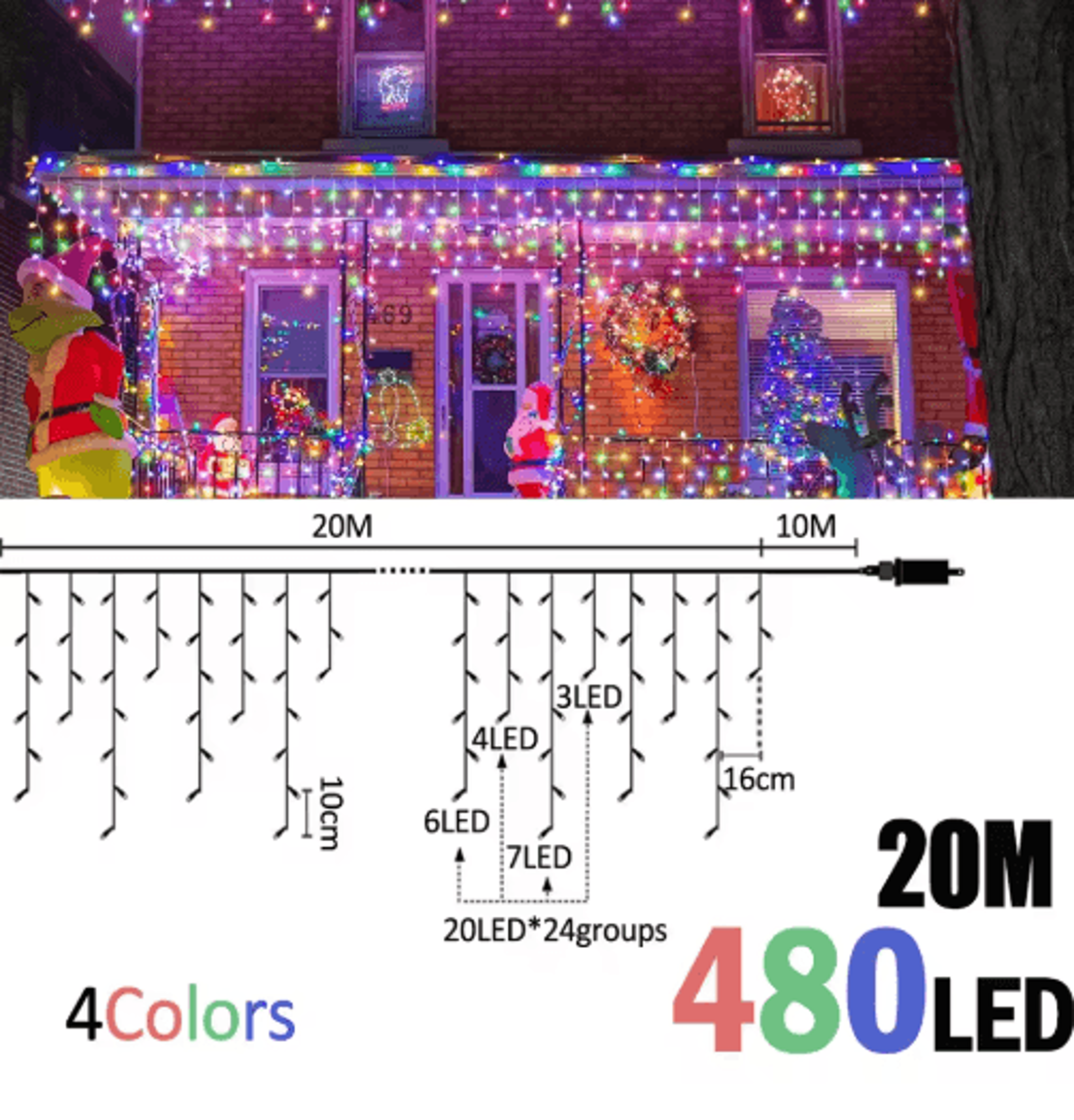 200480 LED Icicle String Lights  8Mode Waterproof Christmas Curtain Lights 3