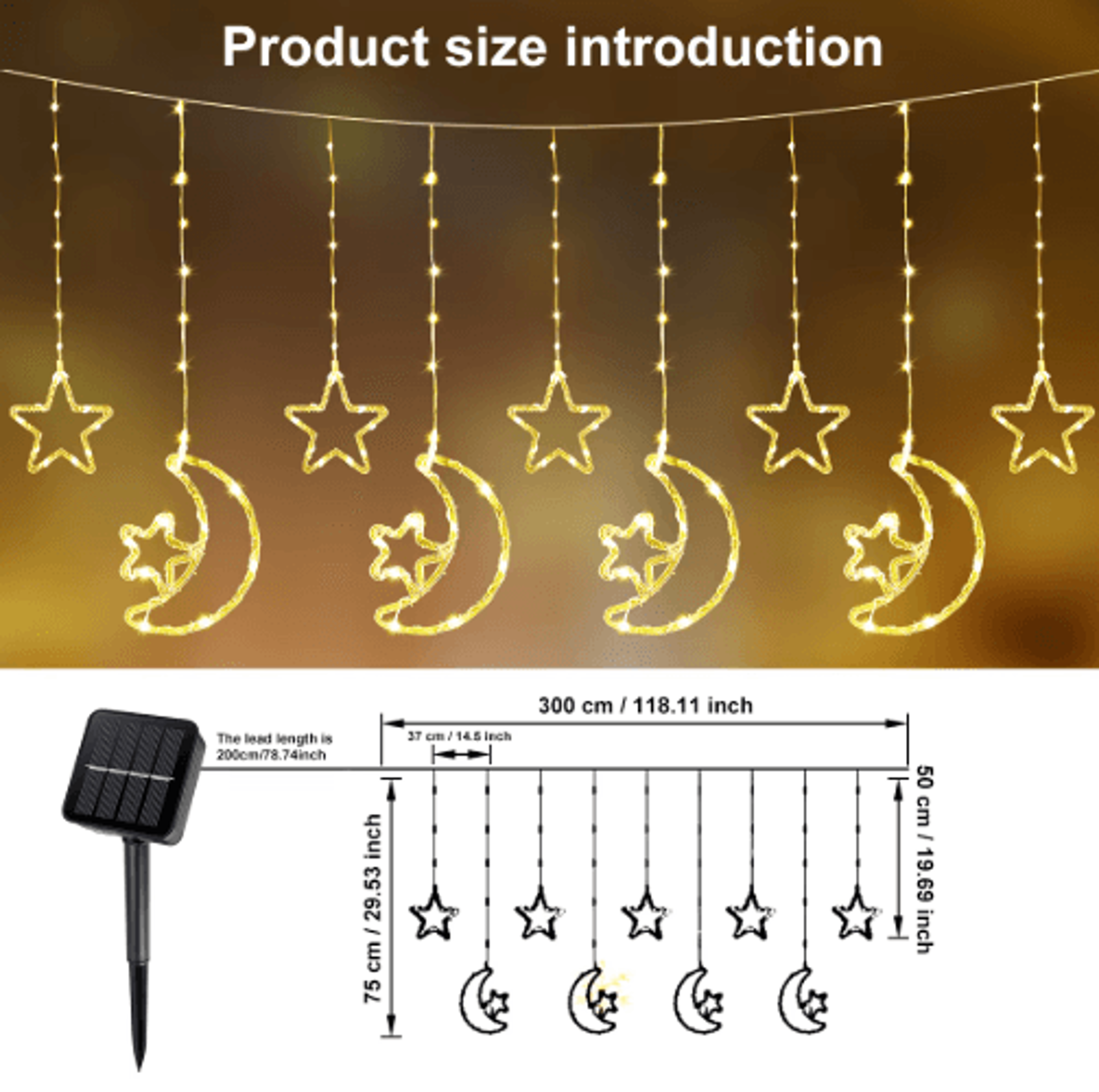 Solar Moon  Star Curtain Lights  Waterproof 8Mode Ramadan Hanging Lights 5