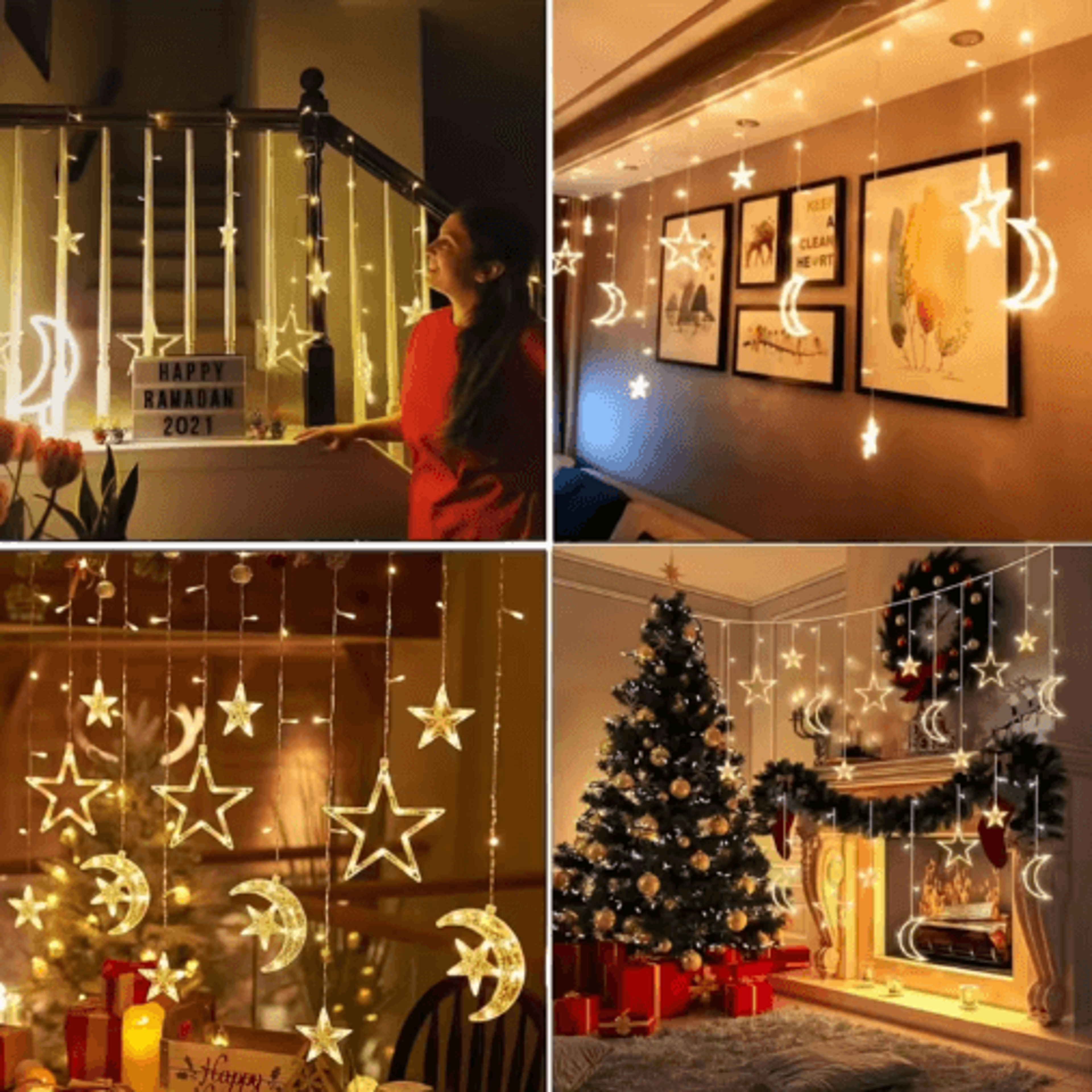 LED Star  Moon Curtain Lights  BatteryPowered Christmas Fairy Garland 3