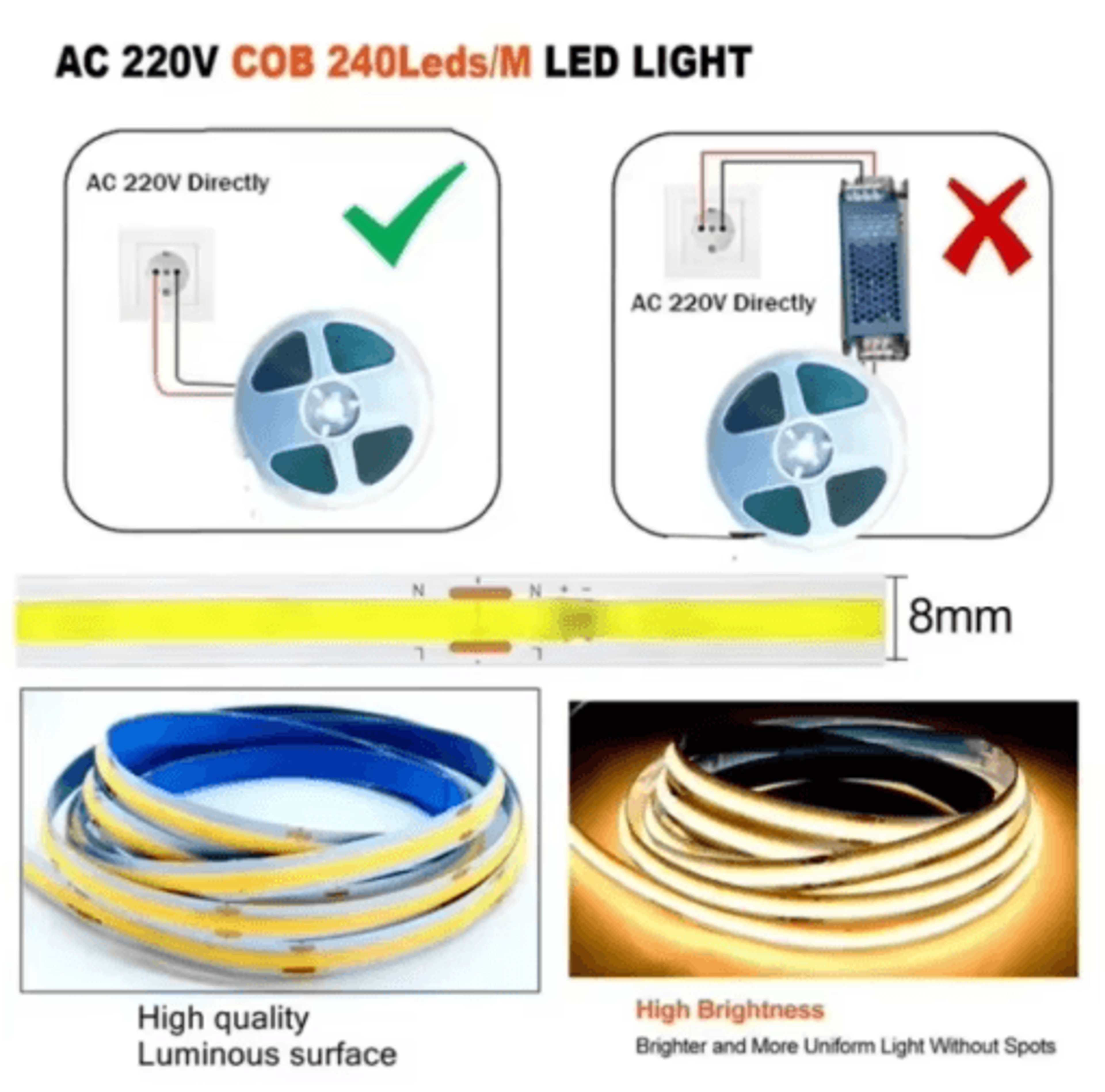 15M COB LED Strip Lights  220V HighBrightness Warm White Linear Lighting 6
