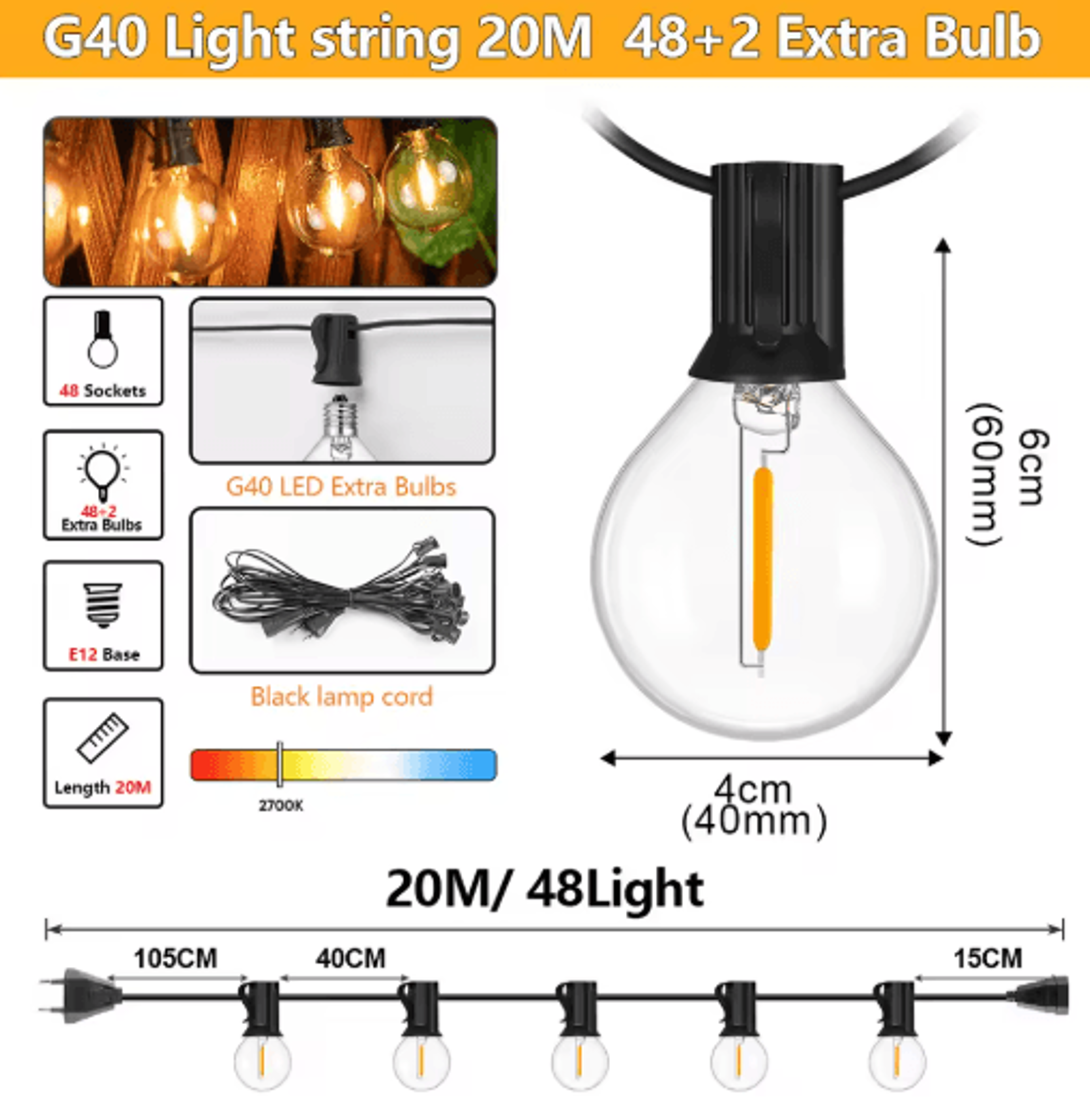 G40 Outdoor String Lights  Waterproof Shatterproof Festoon Lights With EU Plug 3