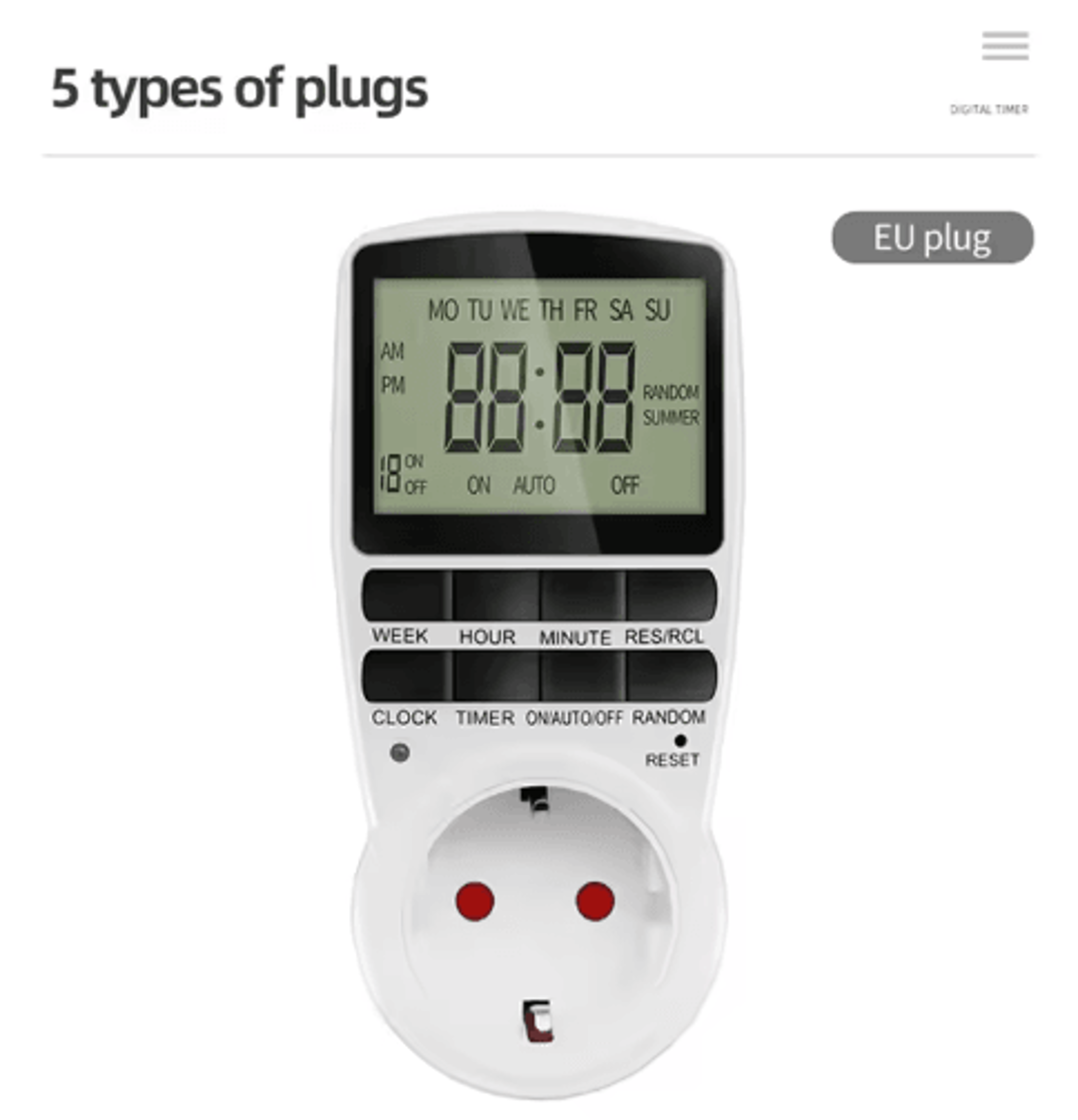 EU Plug Digital Timer Socket  Adjustable Weekly Programmable Outlet 2