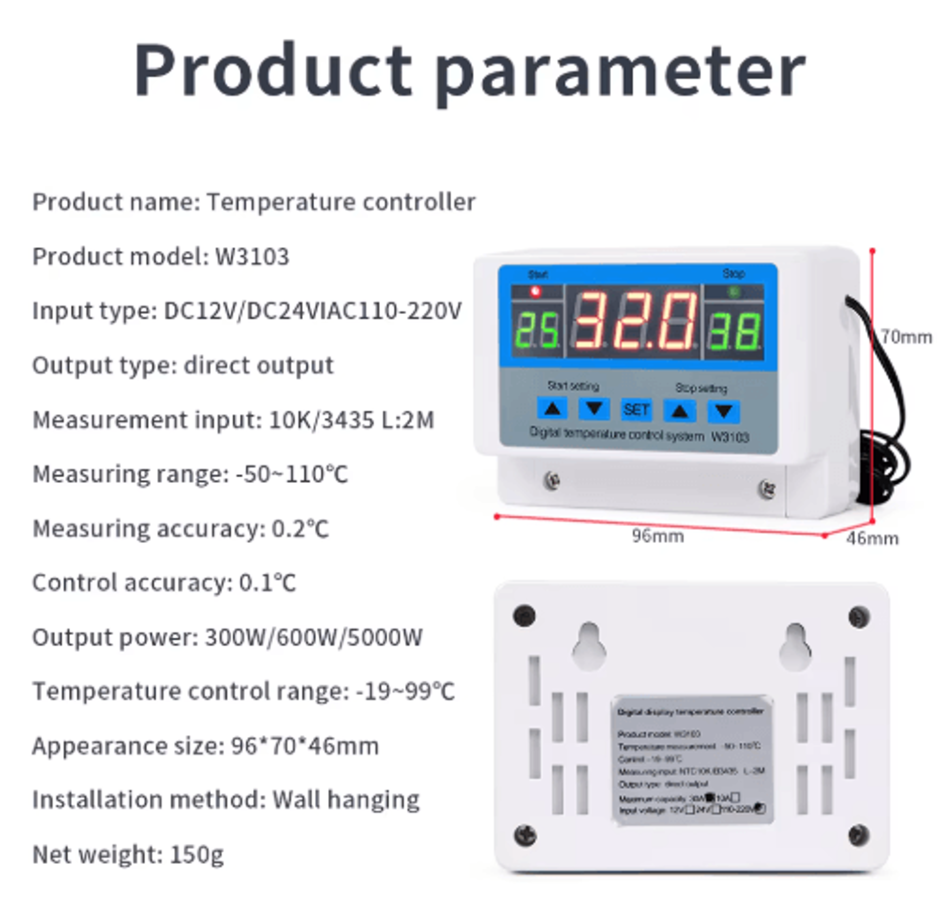 XHW3103 Digital Temperature Controller  220V 30A Thermostat Switch 6