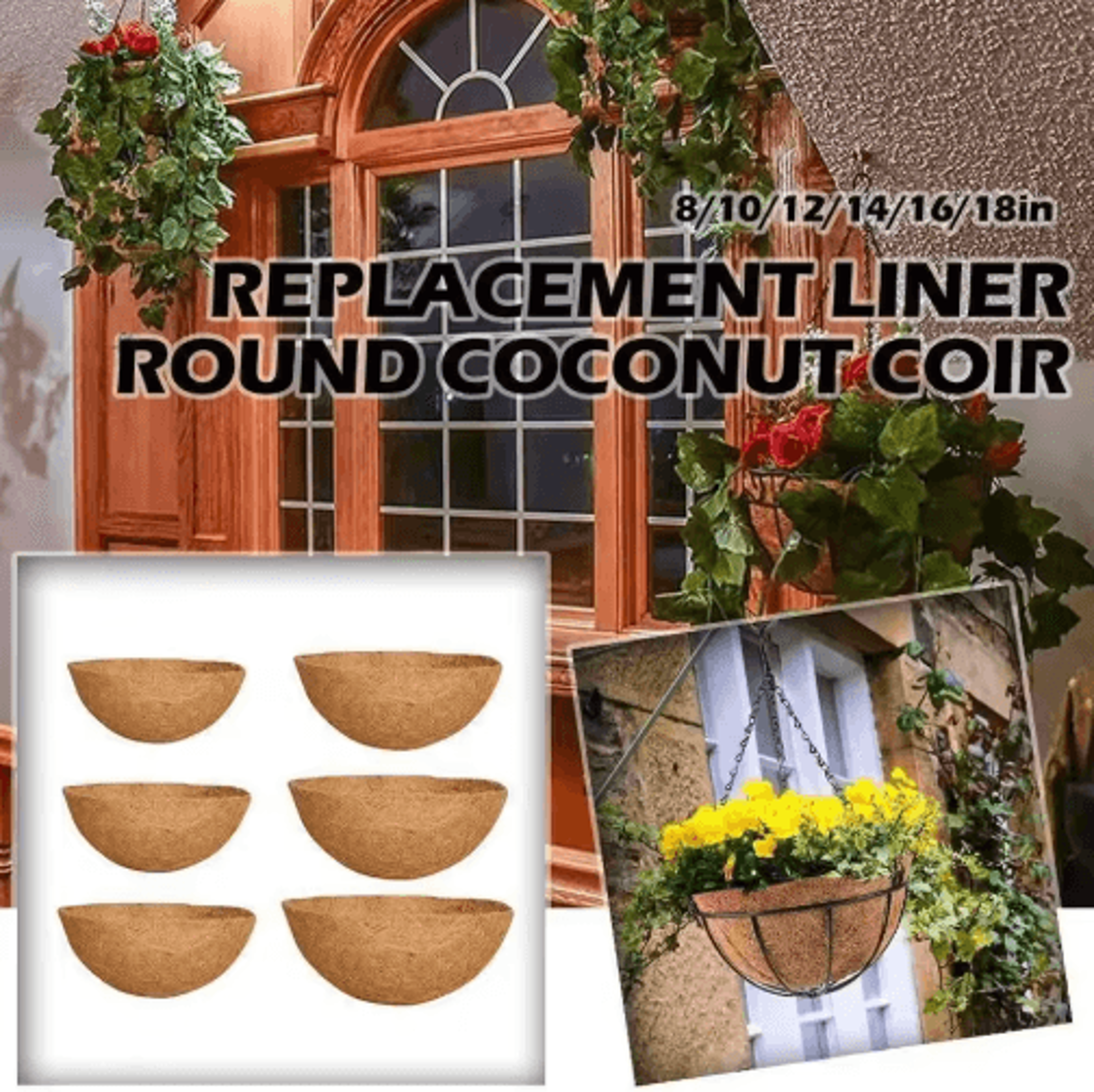 Natural Coconut Hanging Basket Liner  Round Coco Planter Replacement 8