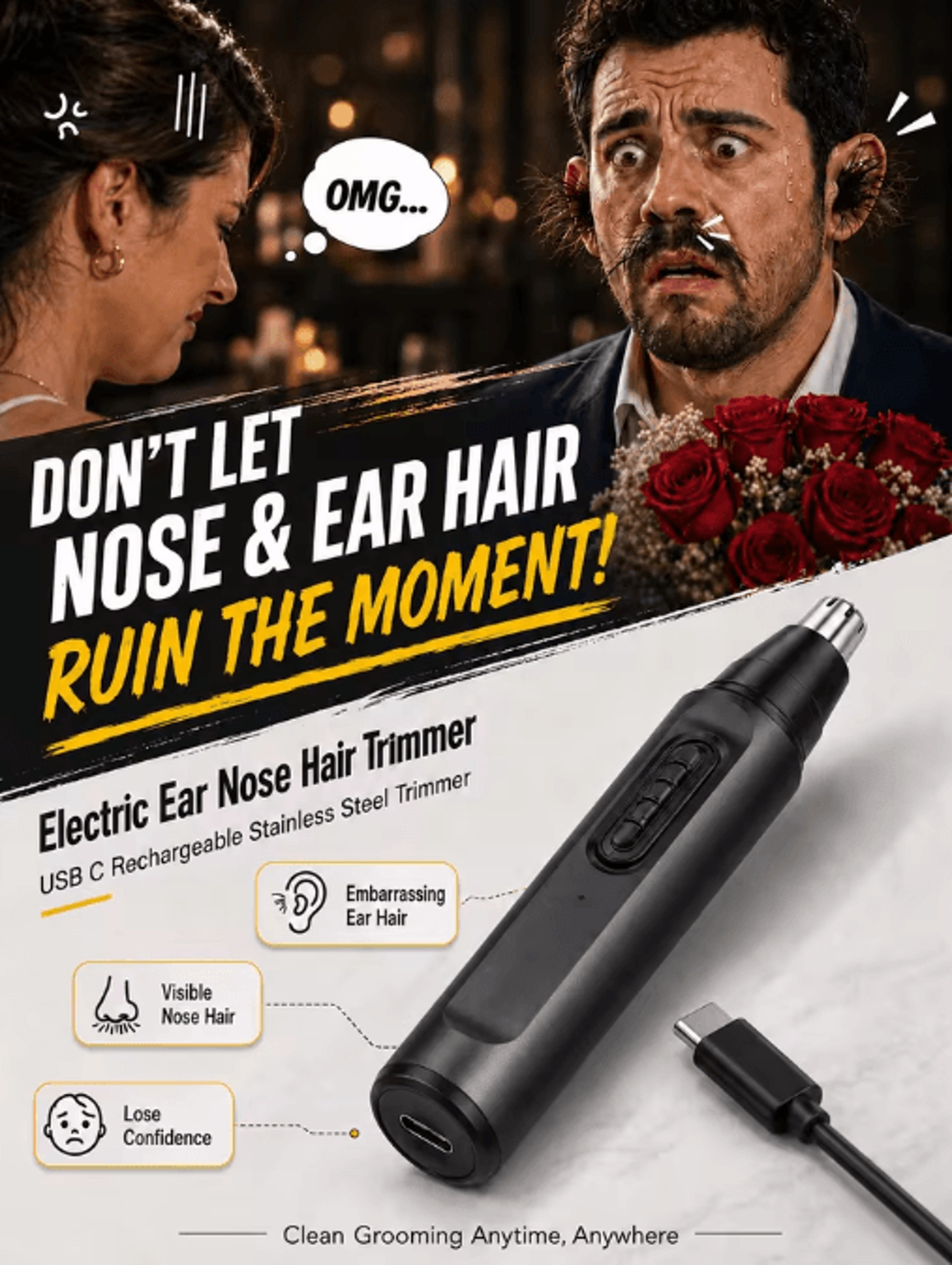 usb-c rechargeable nose hair trimmer – stainless steel grooming tool