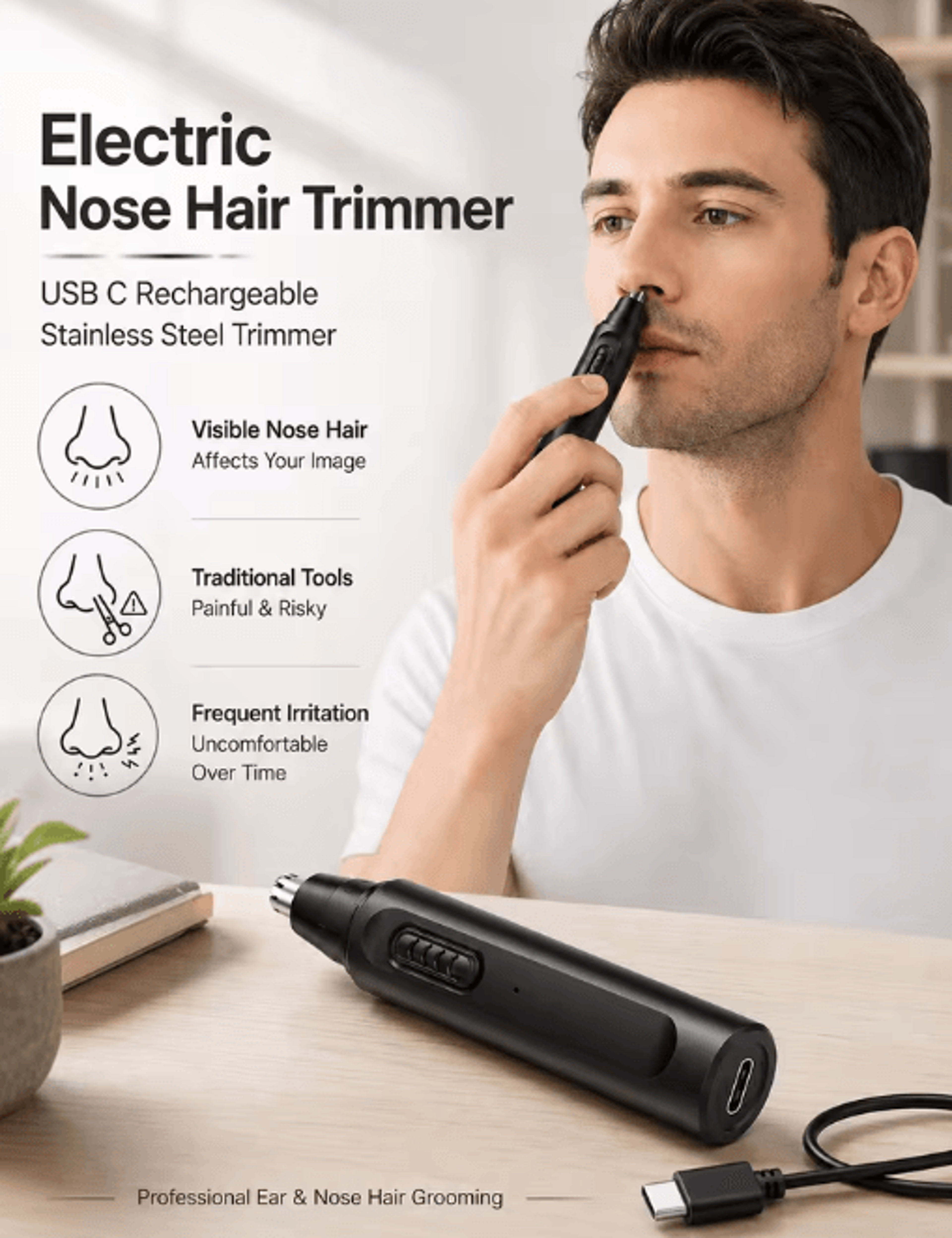 usb-c electric ear & nose hair trimmer – rechargeable grooming tool