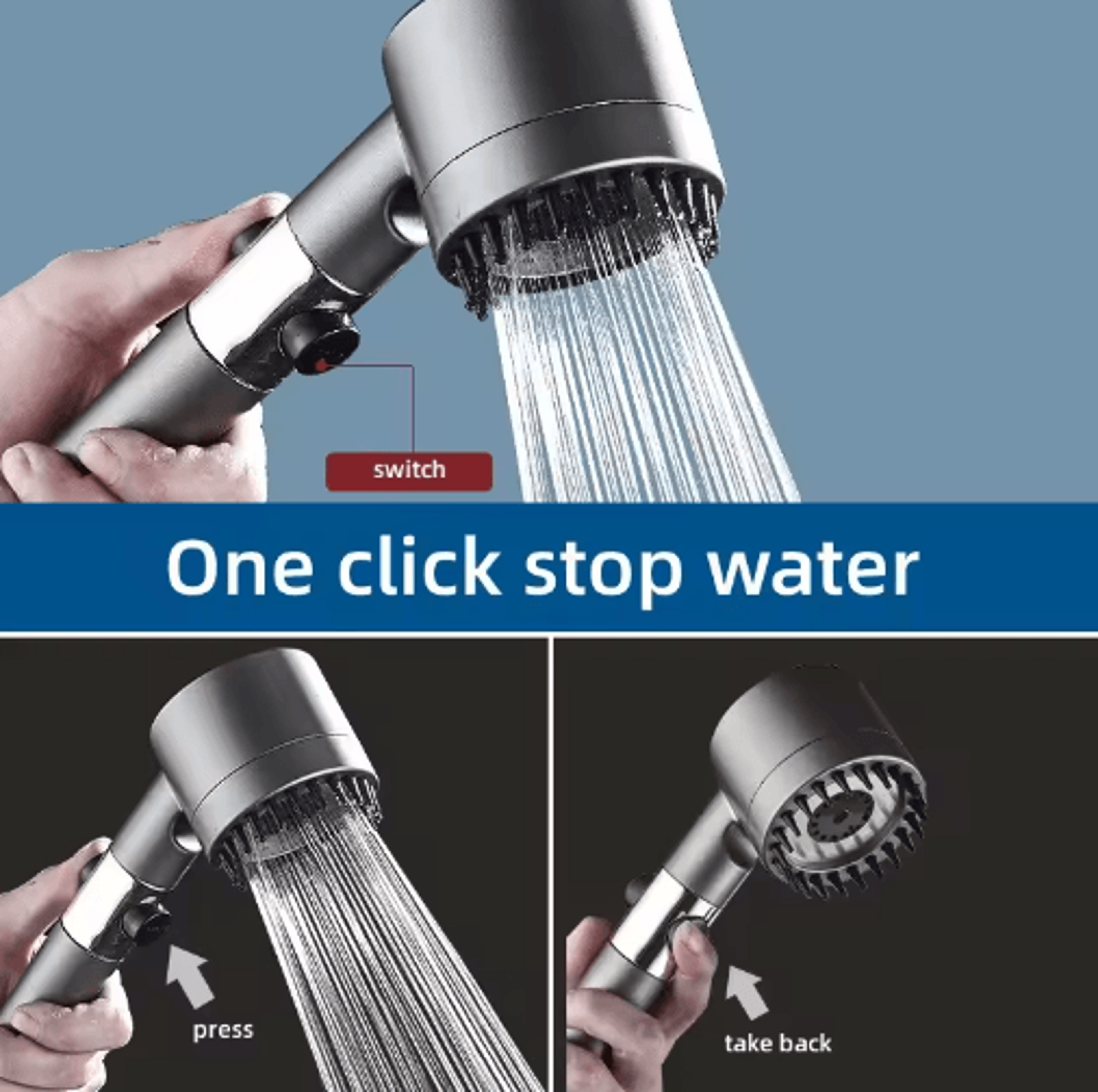3-mode high-pressure shower head – filtered rain spray with massage brush