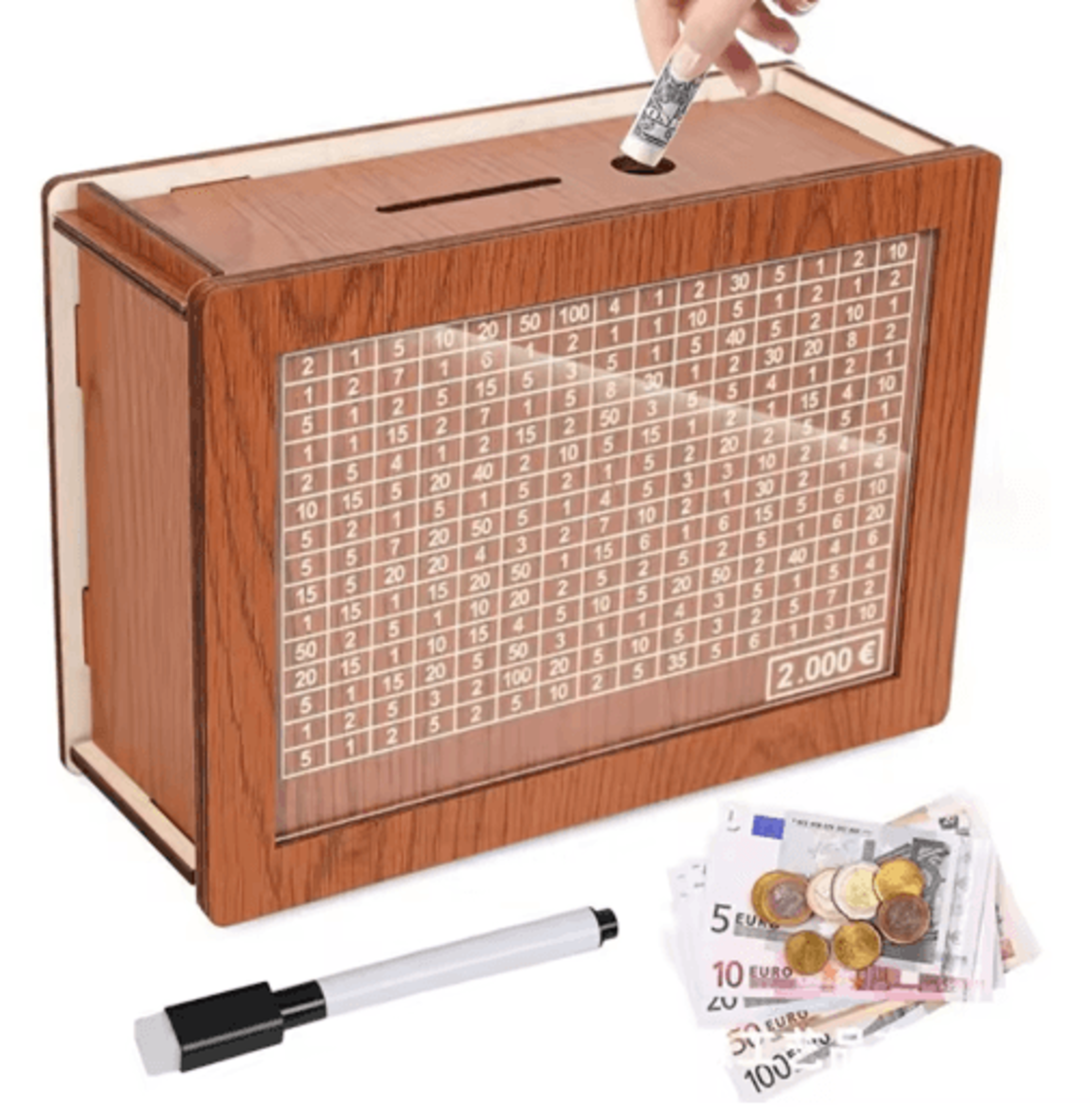 wooden money saving challenge box – 1000–10000 euro savings bank