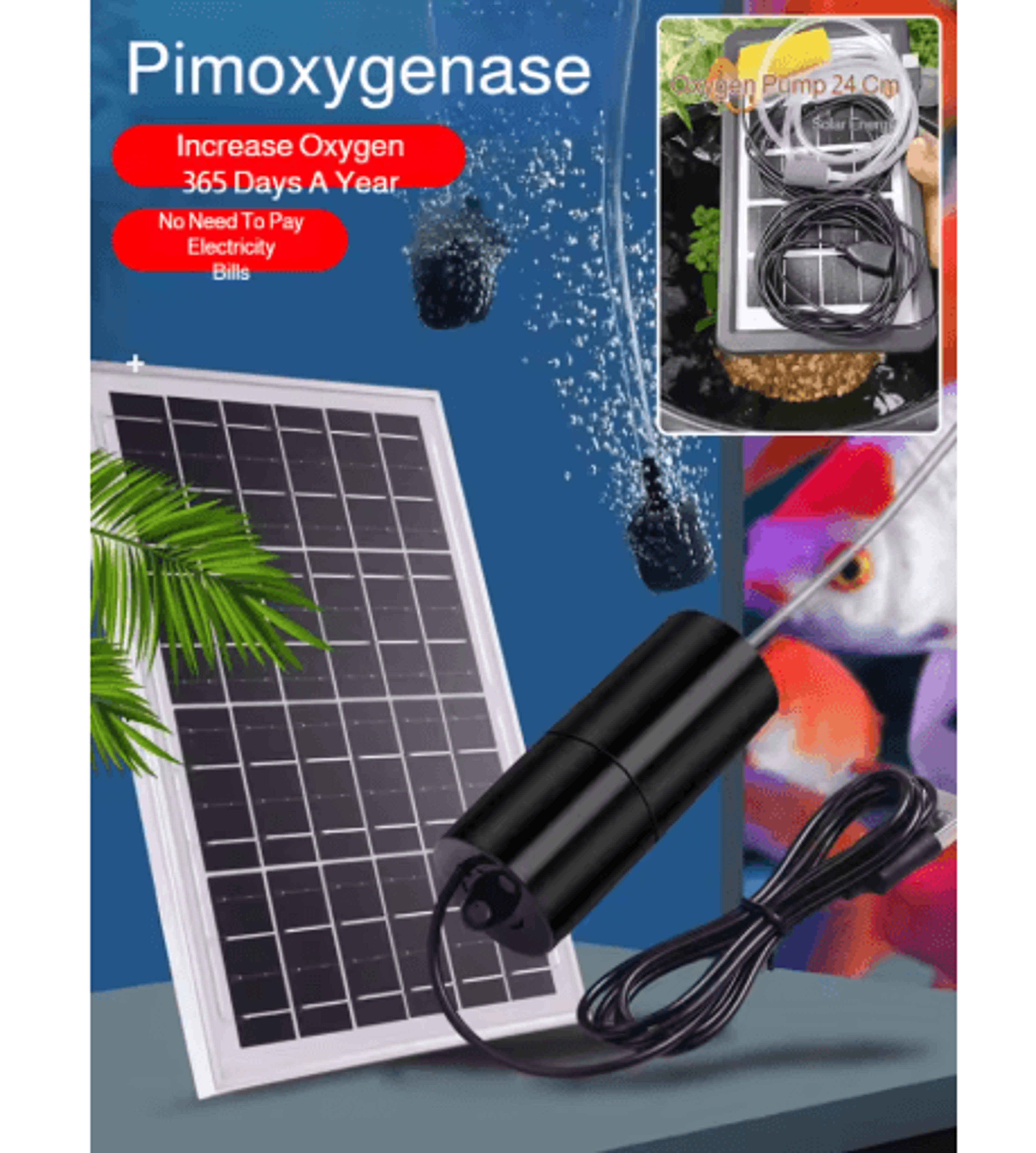 solar oxygen pump for fish tanks and small ponds with continuous aeration