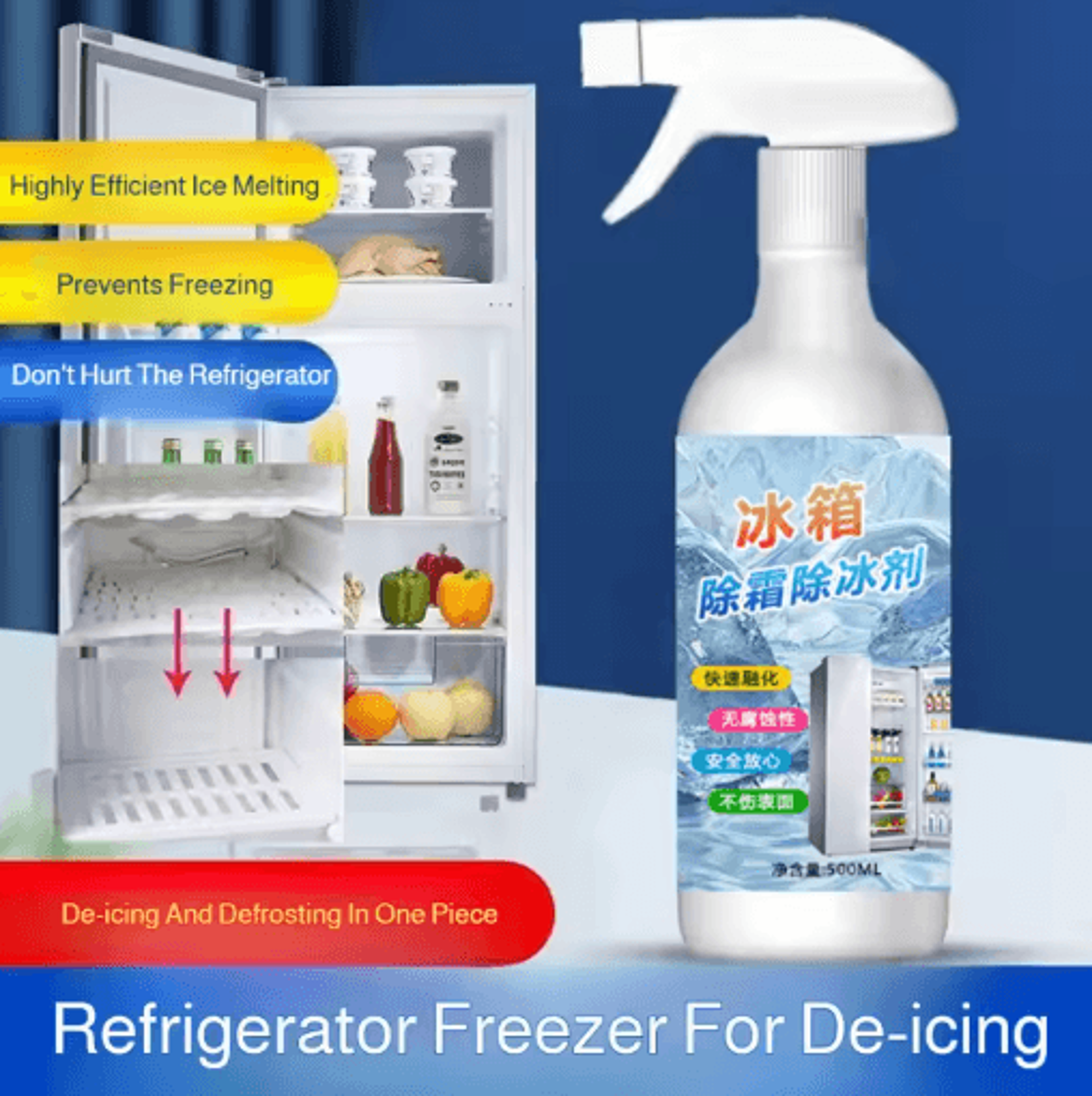 500ml fast-acting refrigerator defrost spray for freezers and ice removal