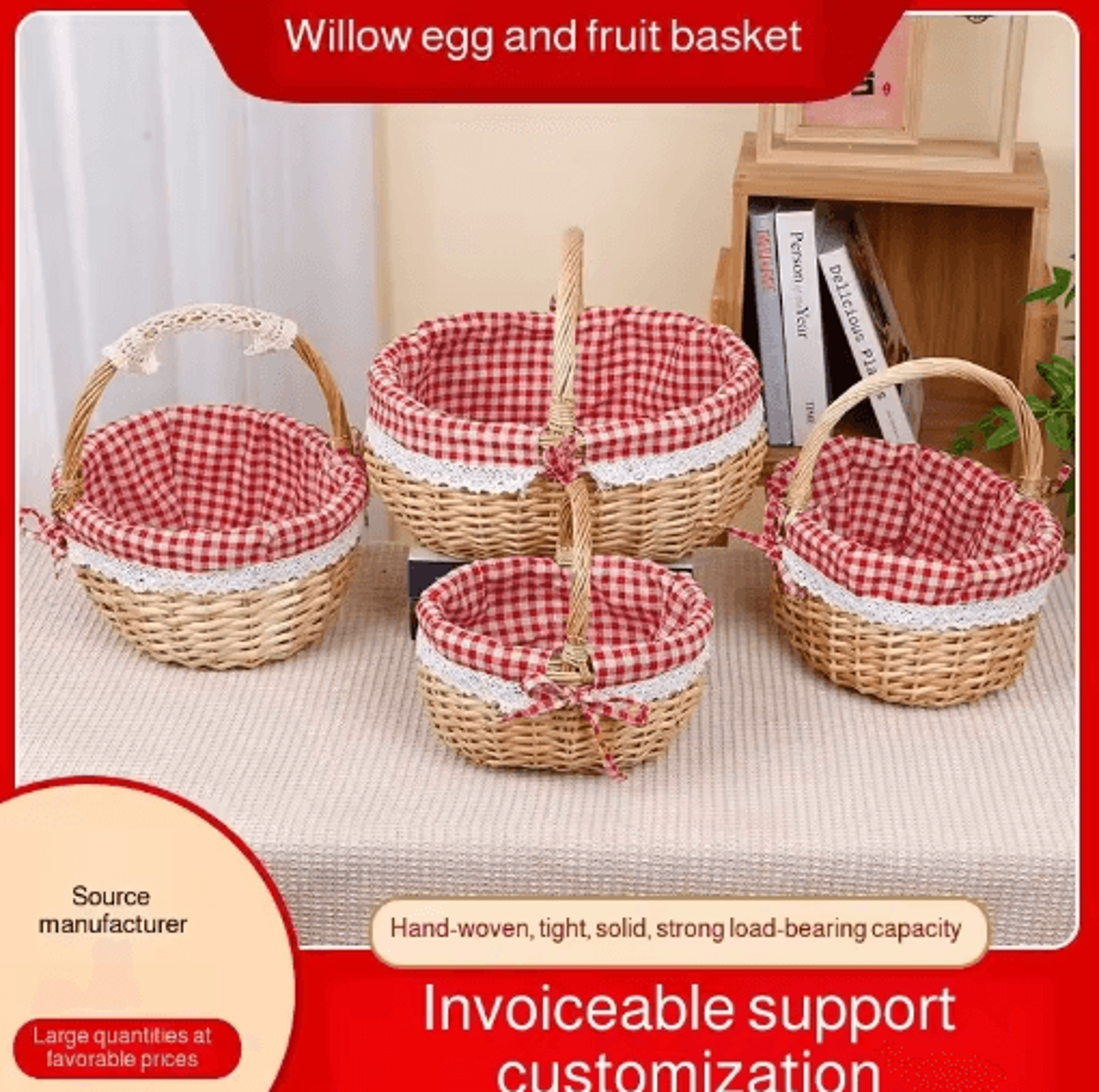 handwoven willow rattan basket for picnics, fruits and flowers
